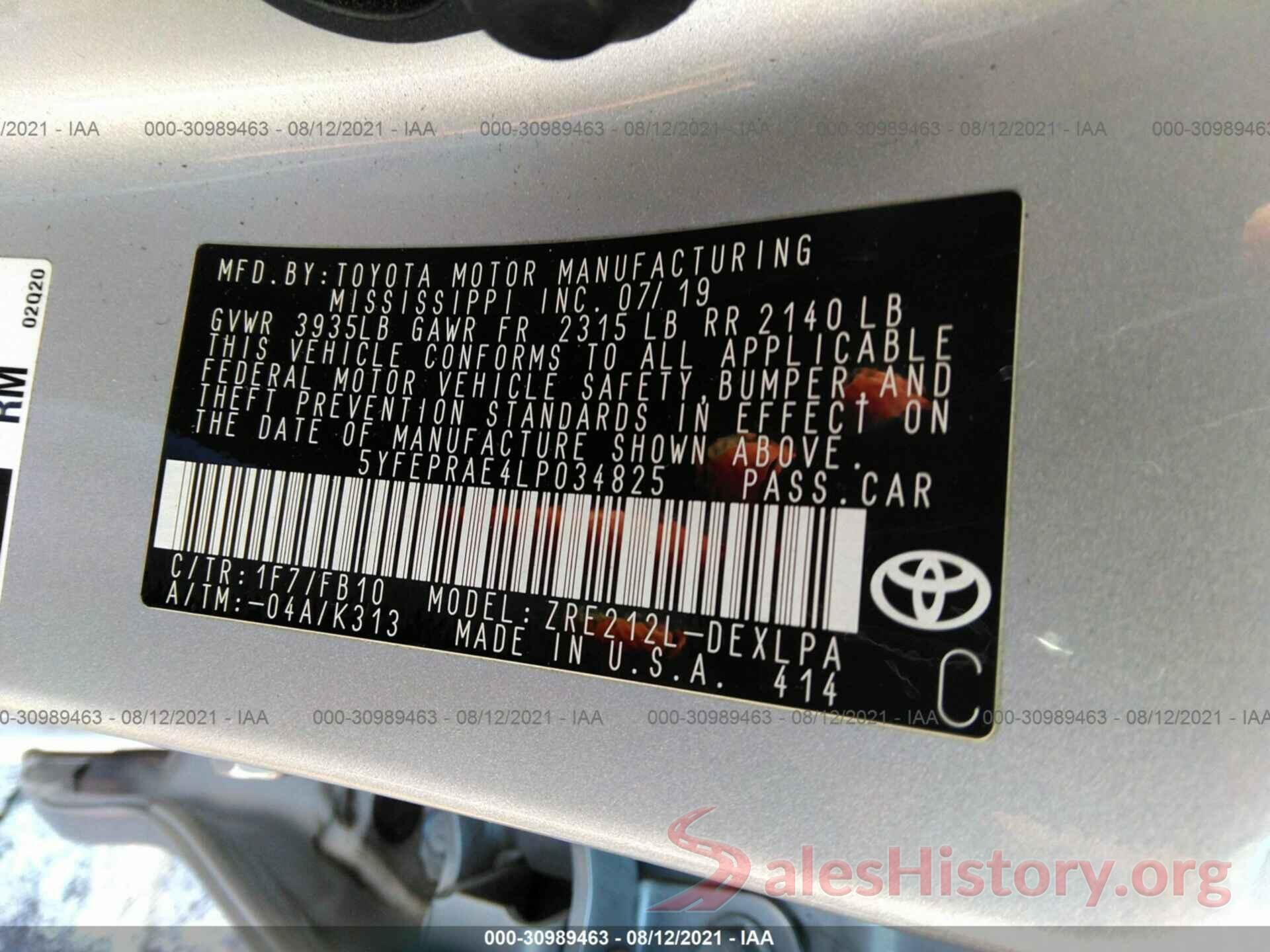 5YFEPRAE4LP034825 2020 TOYOTA COROLLA