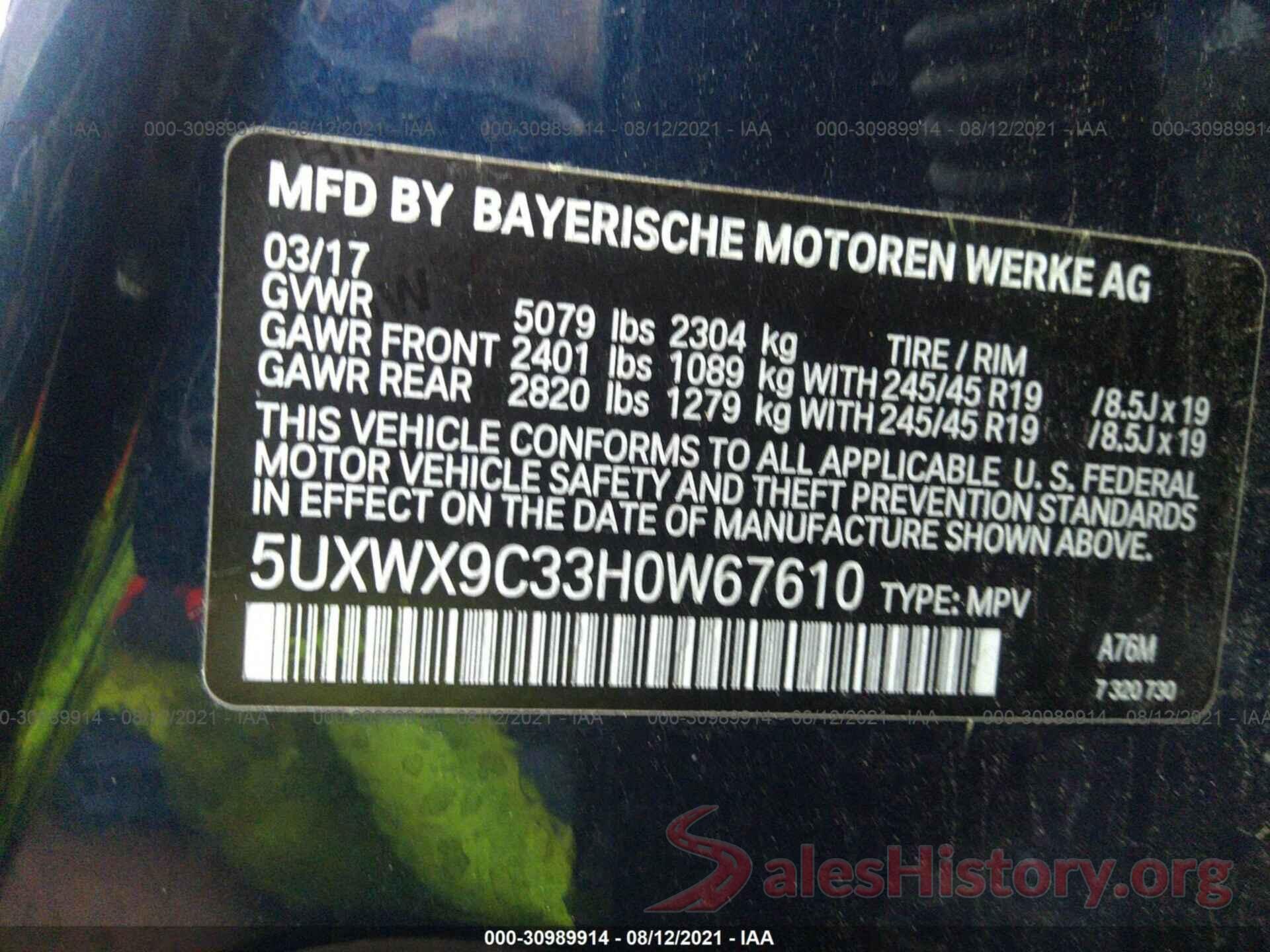 5UXWX9C33H0W67610 2017 BMW X3