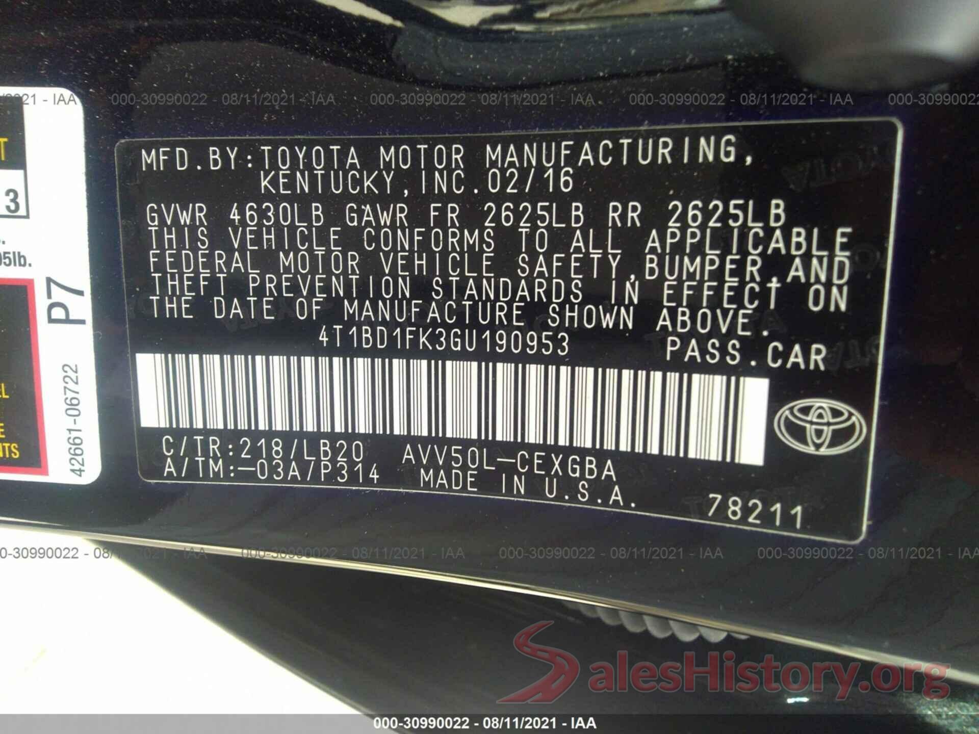 4T1BD1FK3GU190953 2016 TOYOTA CAMRY HYBRID