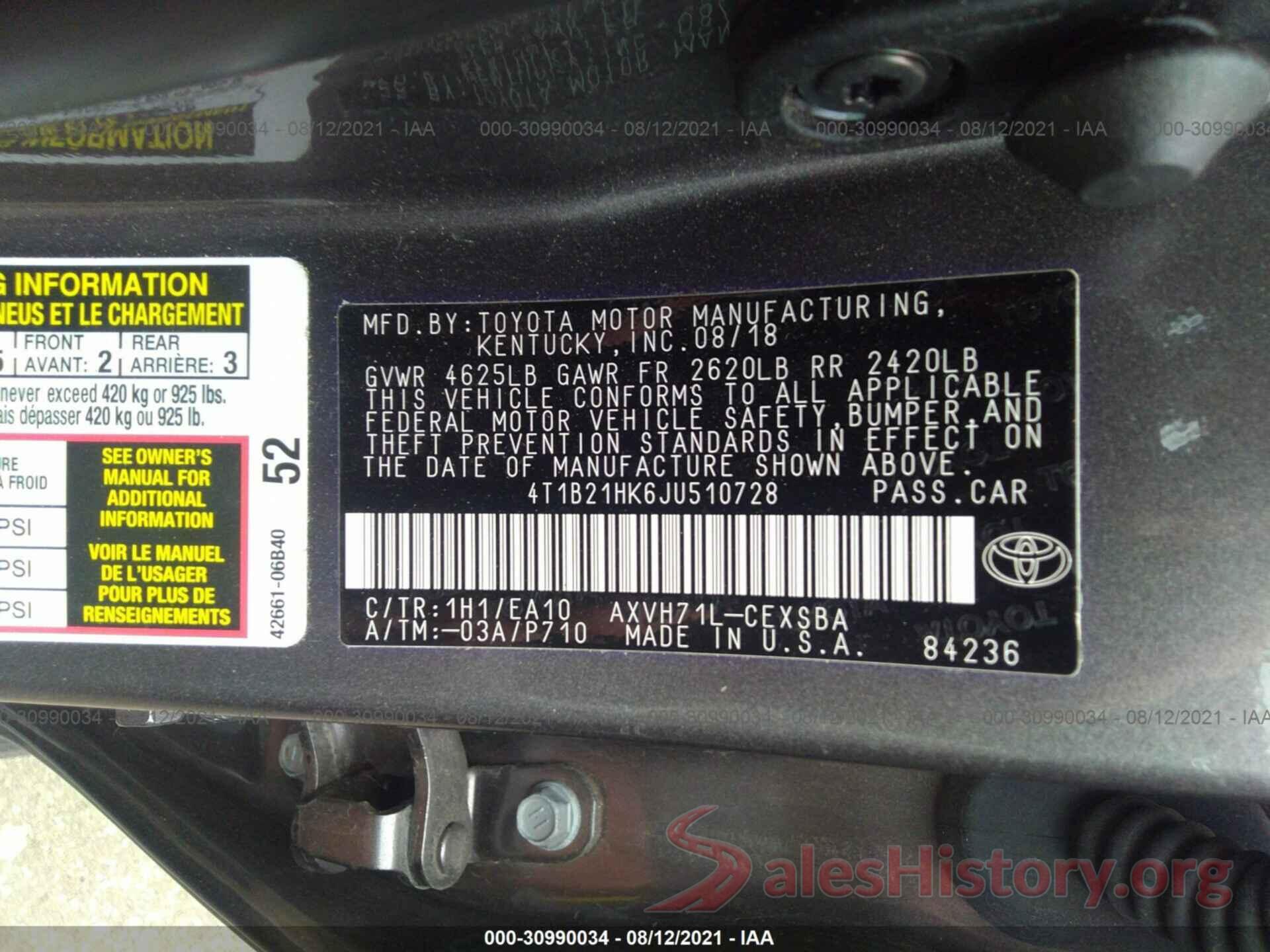 4T1B21HK6JU510728 2018 TOYOTA CAMRY