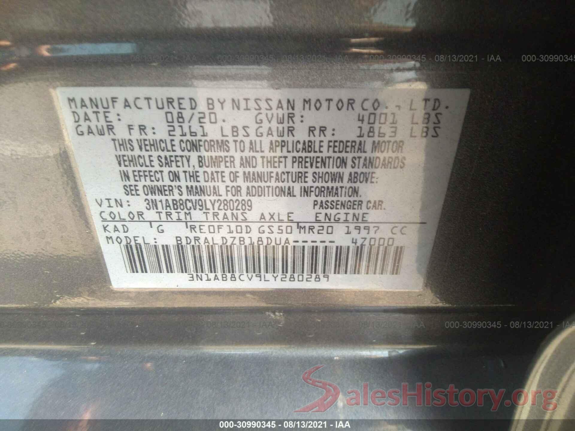 3N1AB8CV9LY280289 2020 NISSAN SENTRA