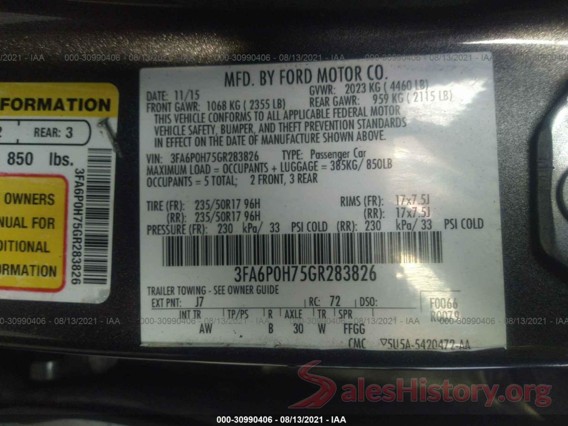 3FA6P0H75GR283826 2016 FORD FUSION