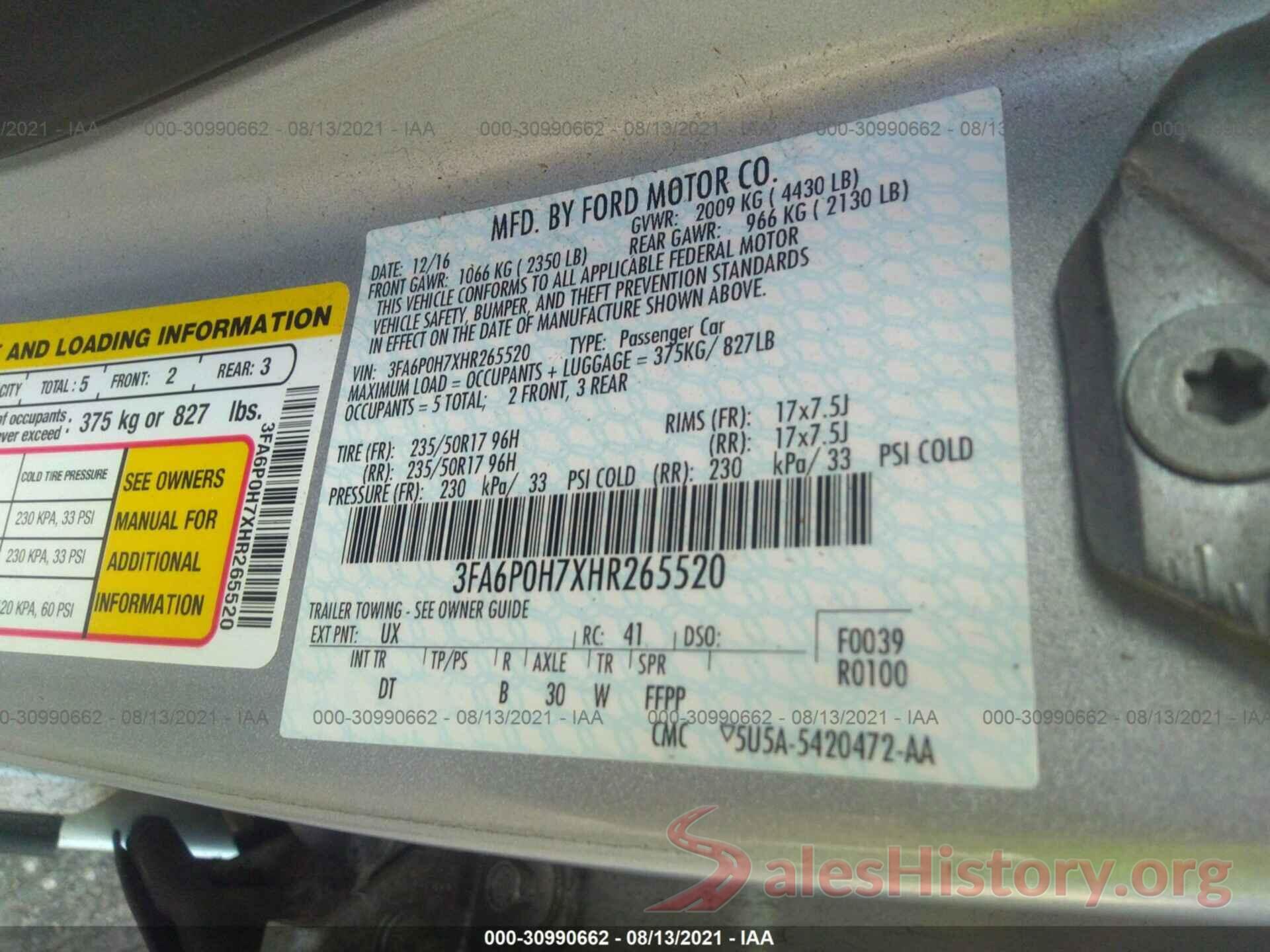 3FA6P0H7XHR265520 2017 FORD FUSION