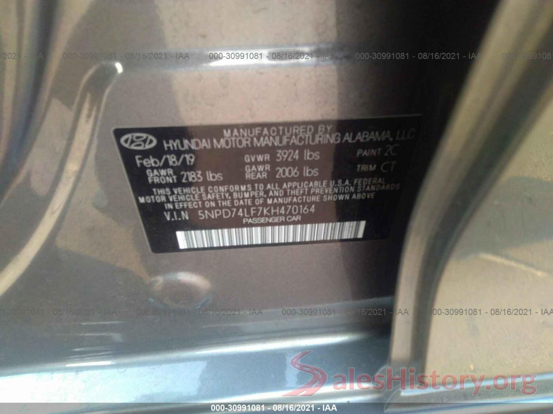 5NPD74LF7KH470164 2019 HYUNDAI ELANTRA