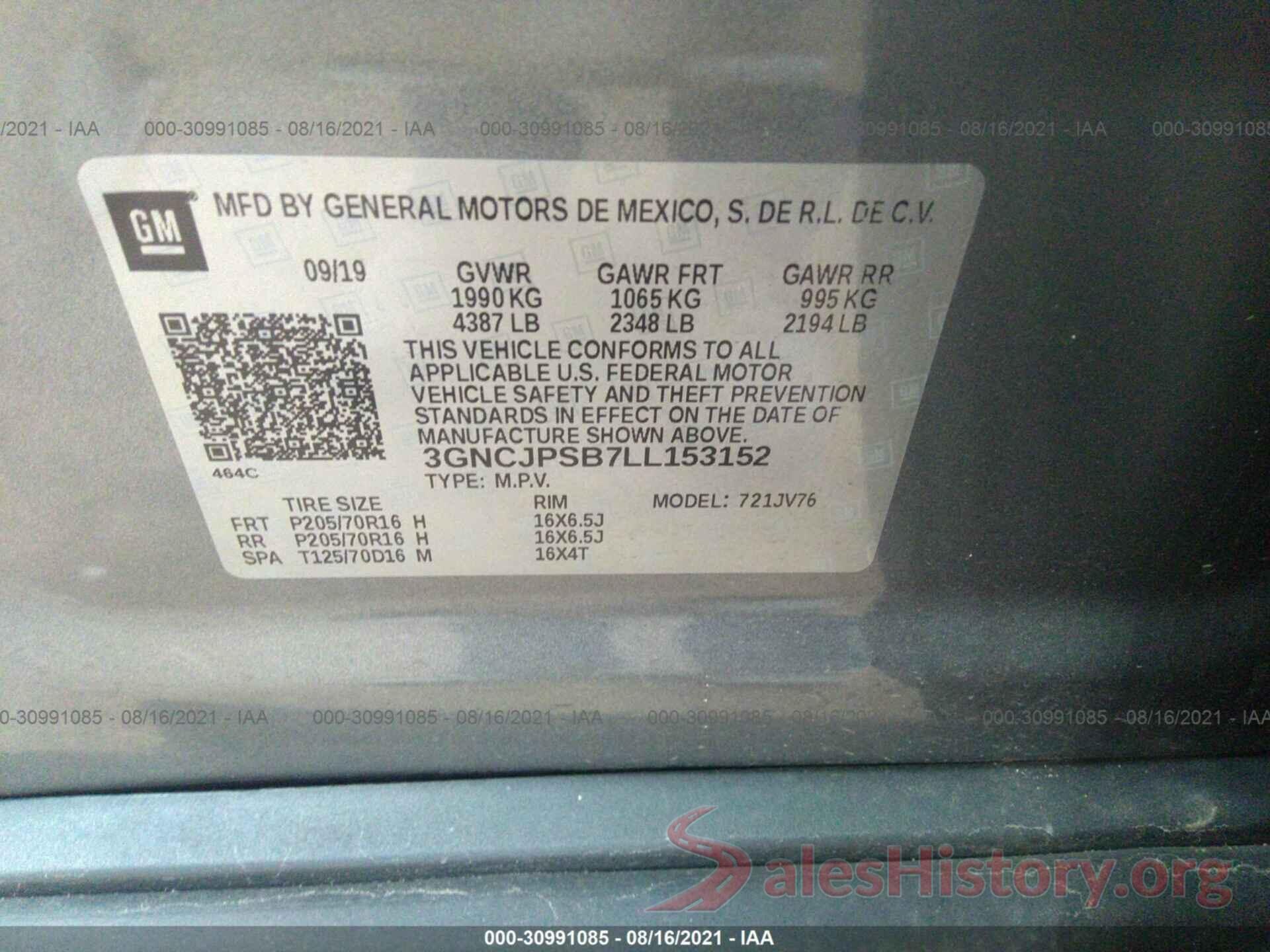 3GNCJPSB7LL153152 2020 CHEVROLET TRAX