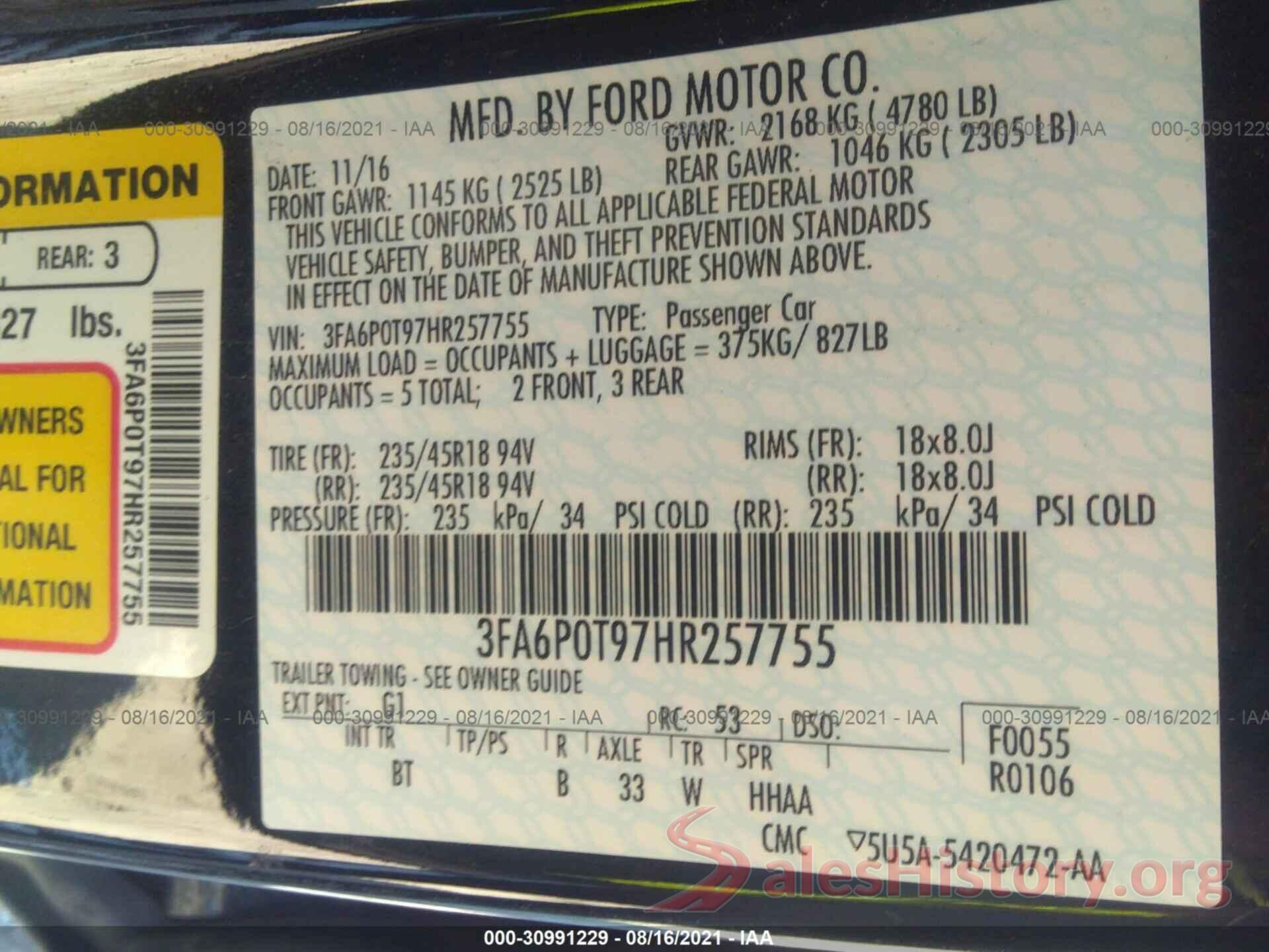 3FA6P0T97HR257755 2017 FORD FUSION