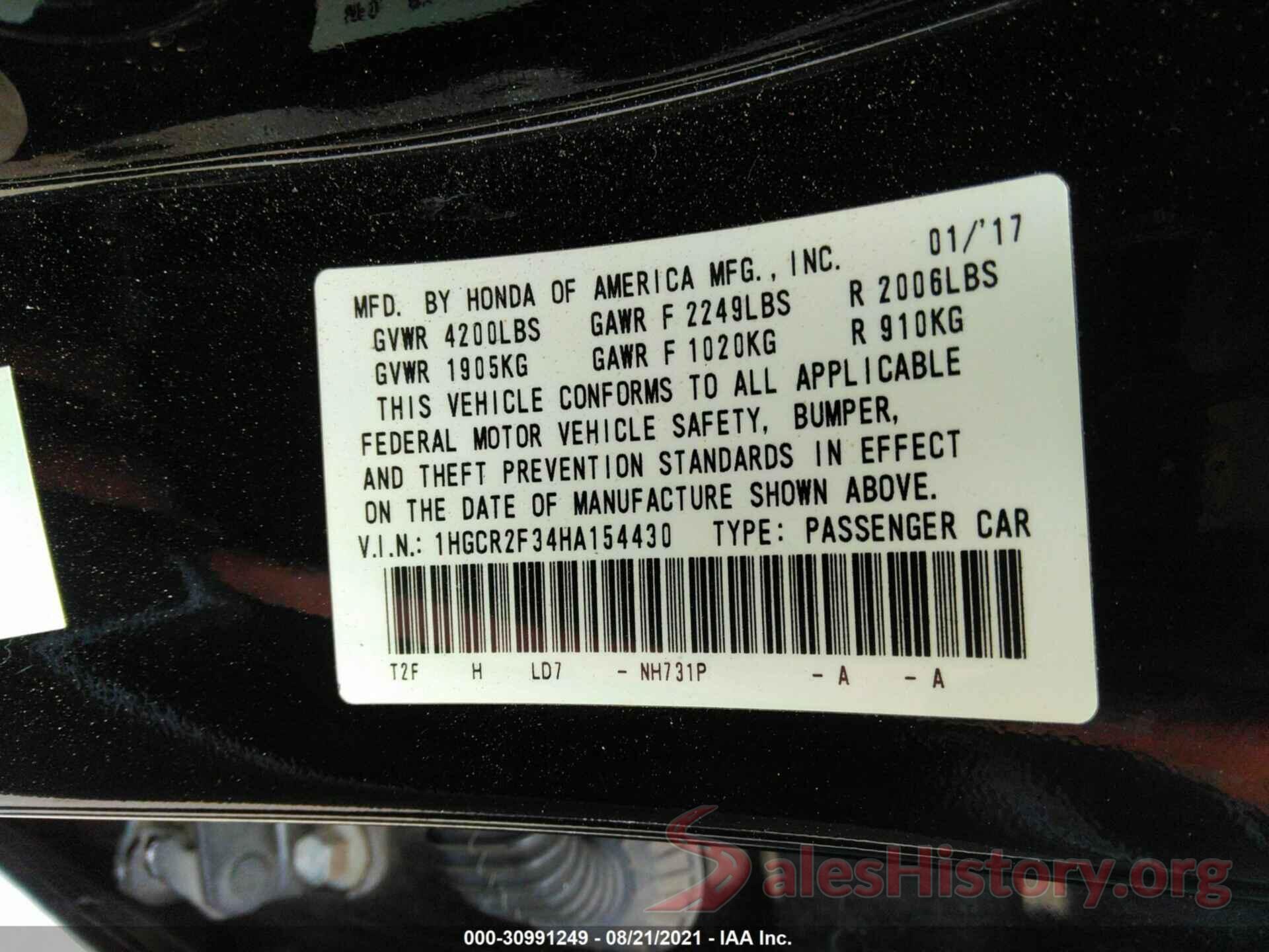 1HGCR2F34HA154430 2017 HONDA ACCORD SEDAN