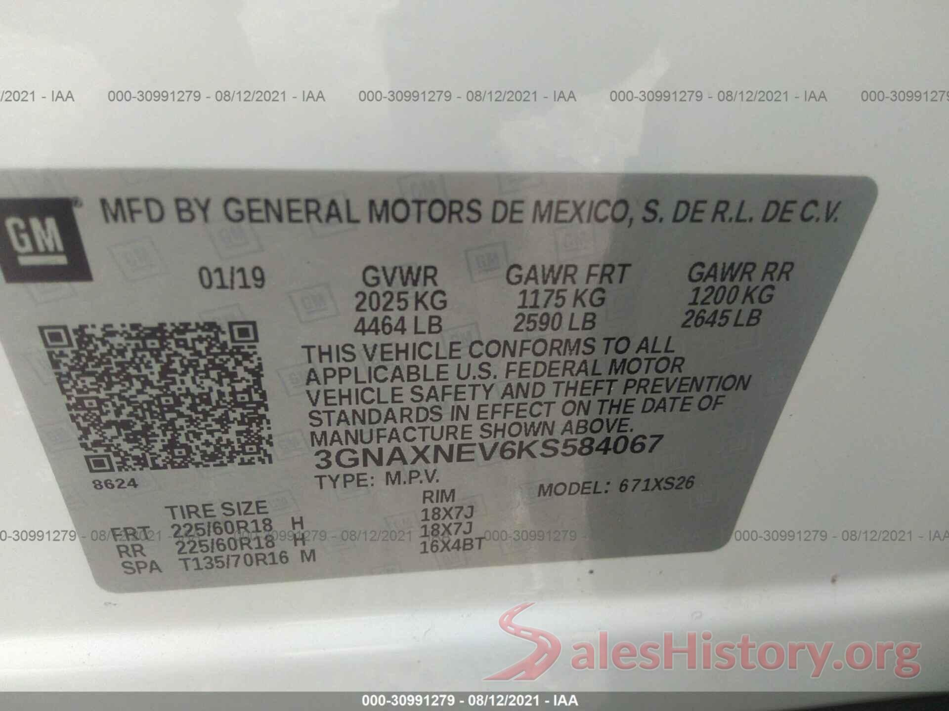 3GNAXNEV6KS584067 2019 CHEVROLET EQUINOX