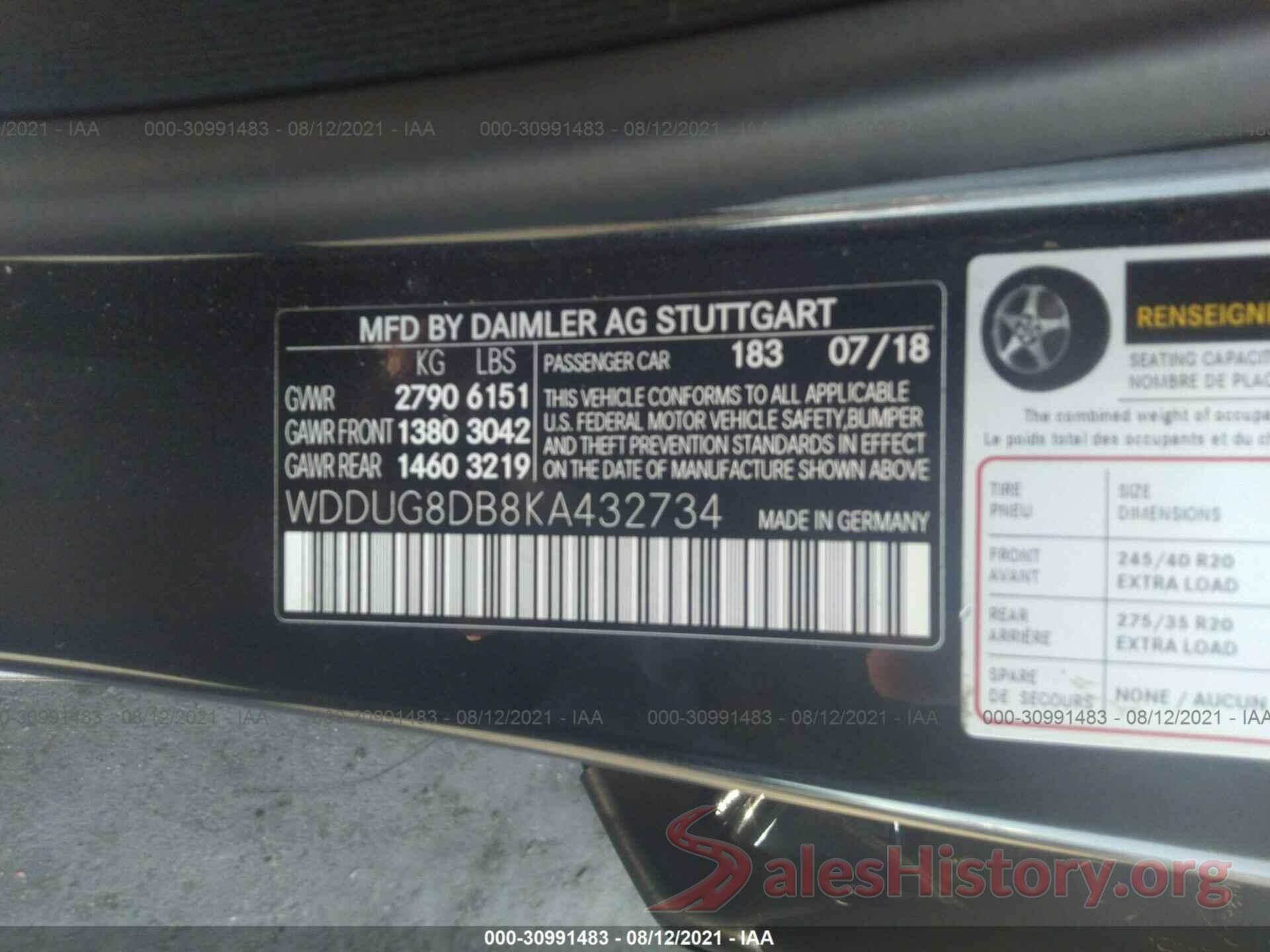 WDDUG8DB8KA432734 2019 MERCEDES-BENZ S-CLASS