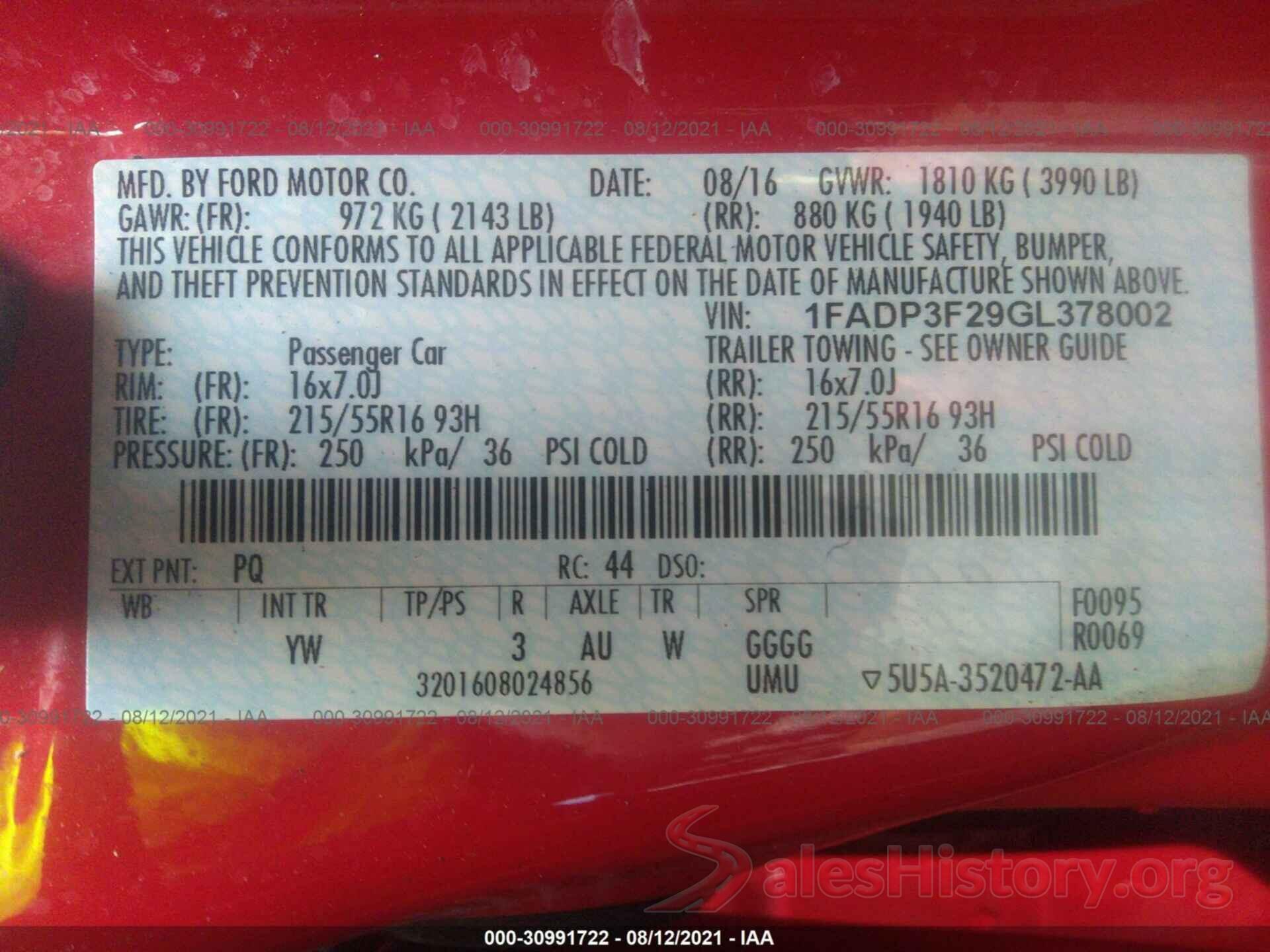 1FADP3F29GL378002 2016 FORD FOCUS