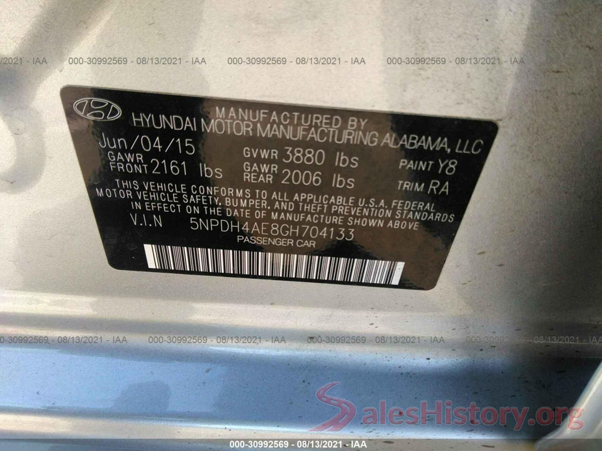 5NPDH4AE8GH704133 2016 HYUNDAI ELANTRA