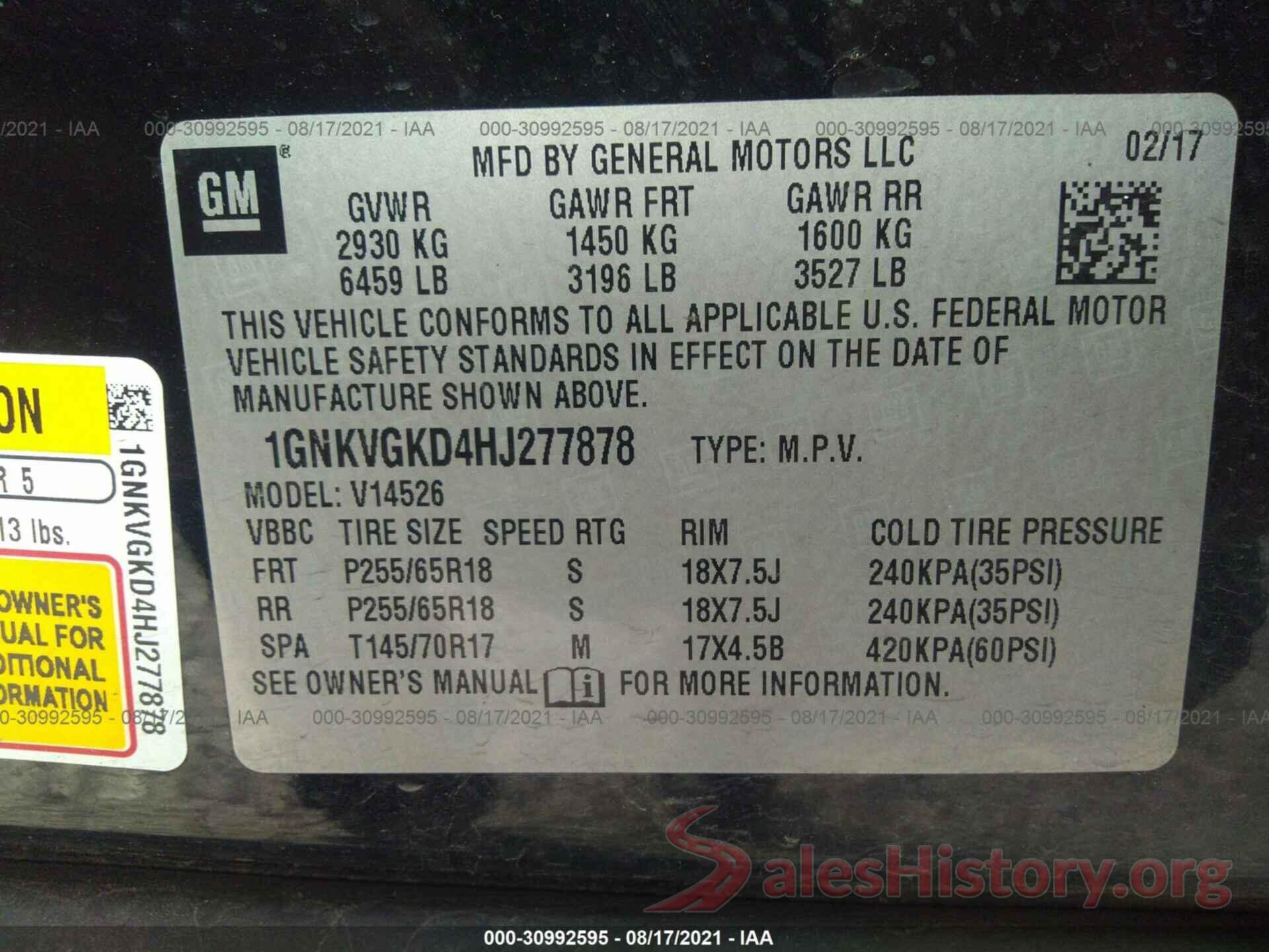 1GNKVGKD4HJ277878 2017 CHEVROLET TRAVERSE