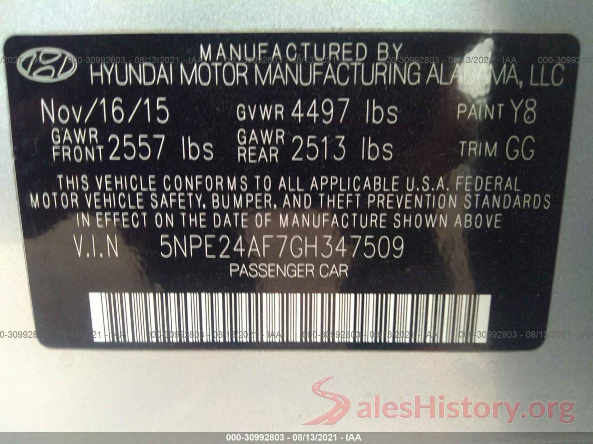 5NPE24AF7GH347509 2016 HYUNDAI SONATA