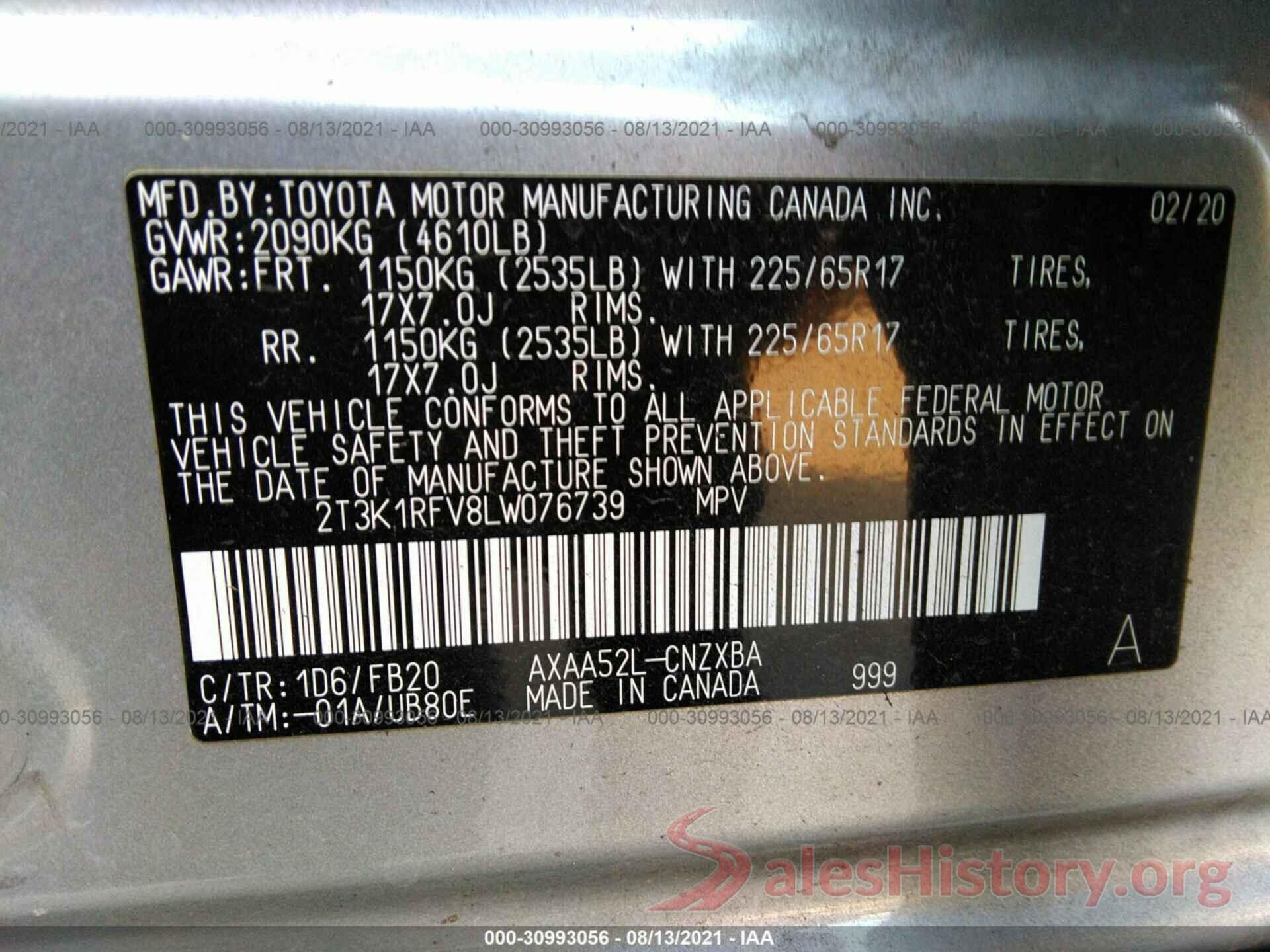 2T3K1RFV8LW076739 2020 TOYOTA RAV4