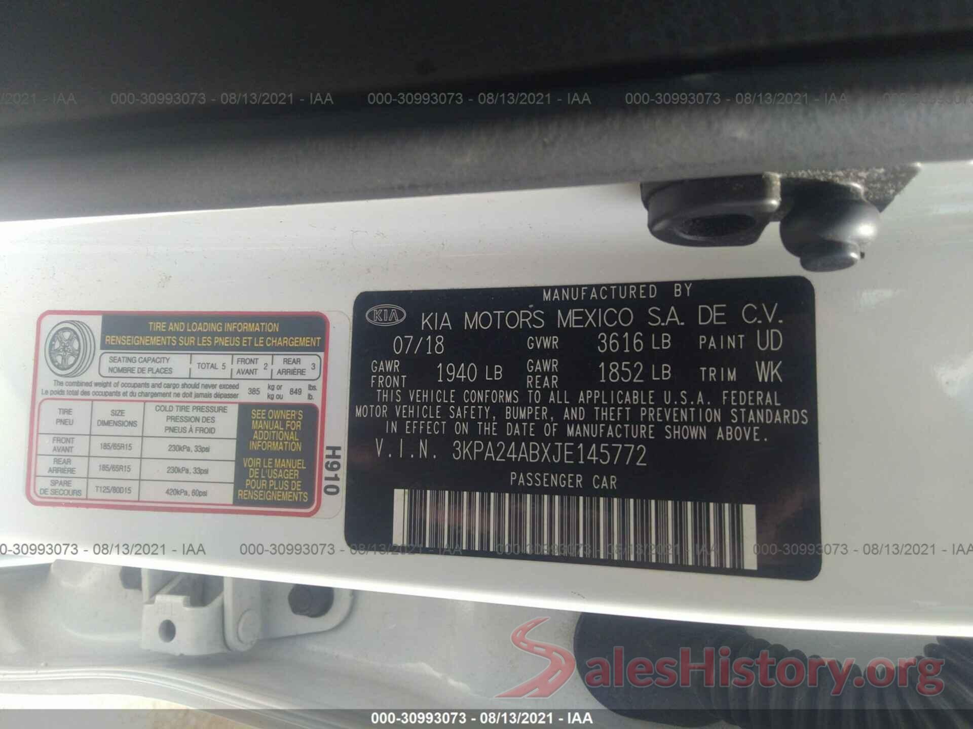 3KPA24ABXJE145772 2018 KIA RIO