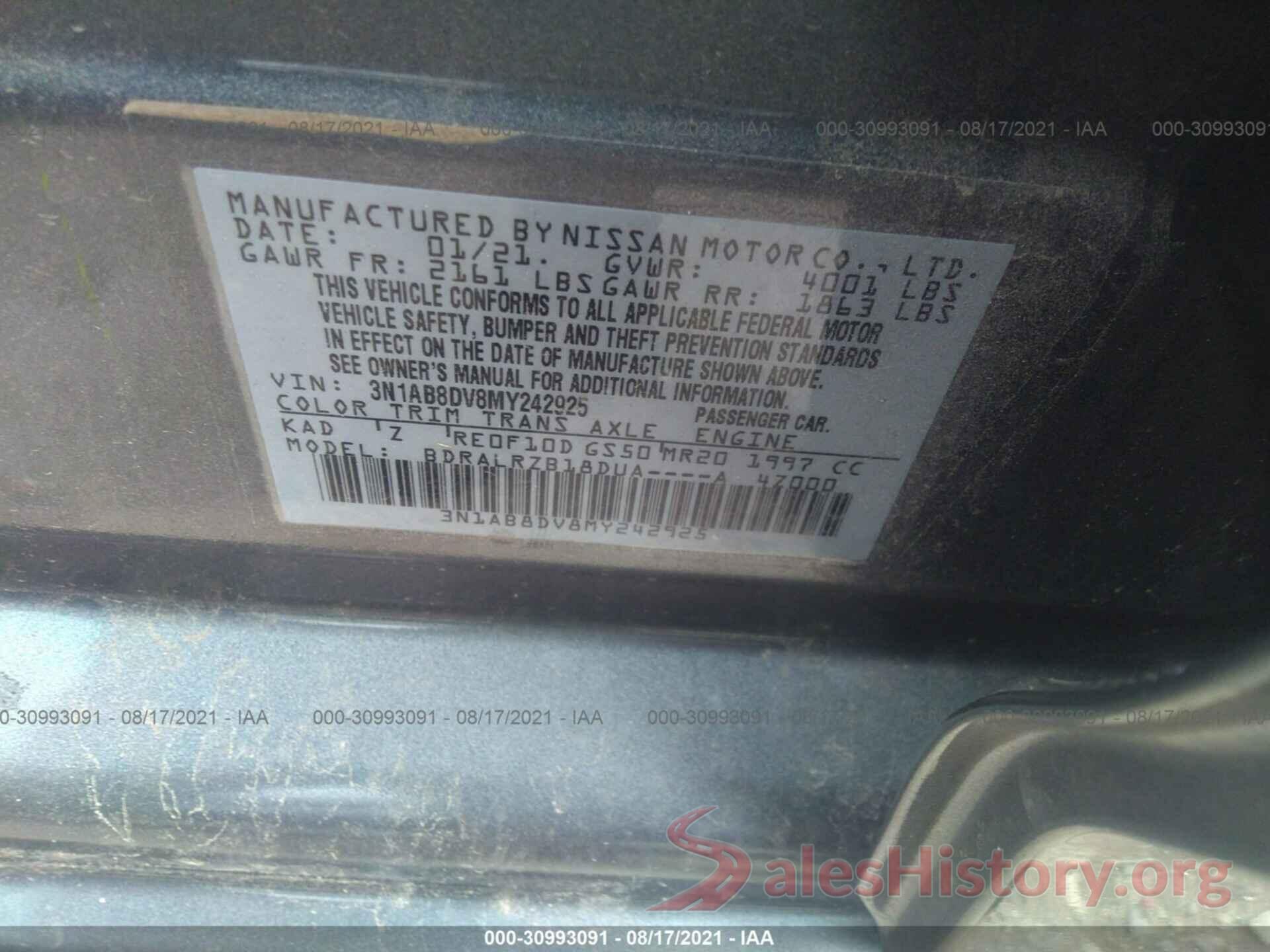 3N1AB8DV8MY242925 2021 NISSAN SENTRA