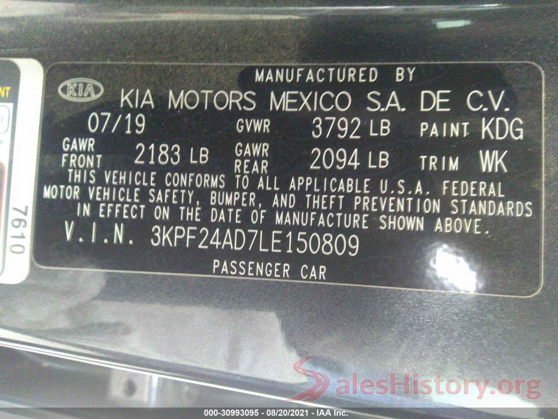 3KPF24AD7LE150809 2020 KIA FORTE