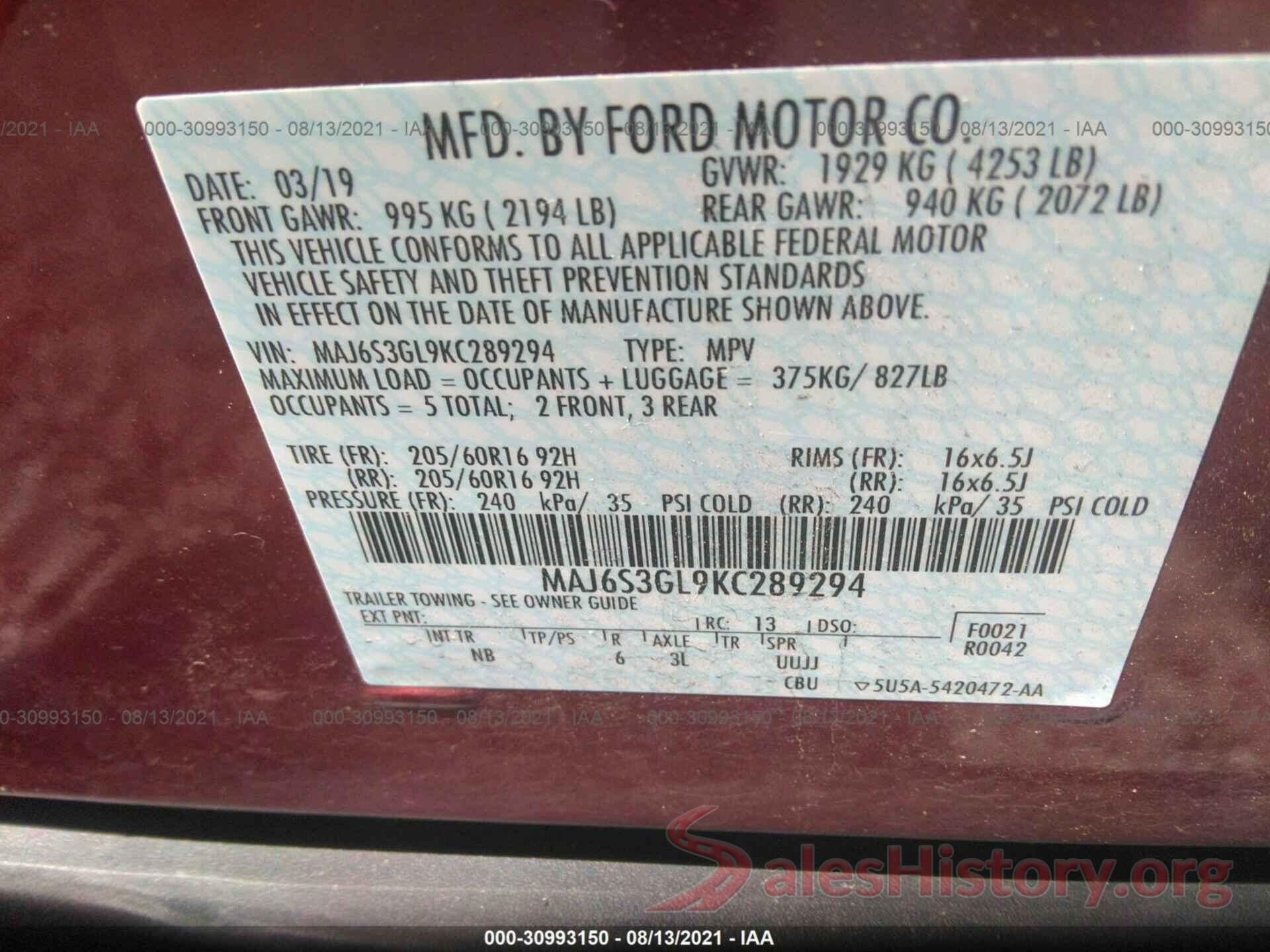 MAJ6S3GL9KC289294 2019 FORD ECOSPORT