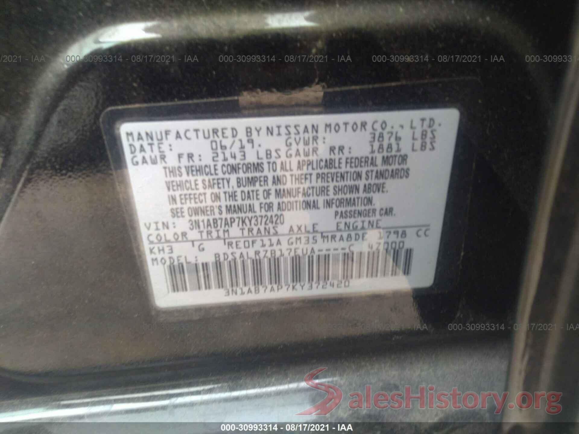 3N1AB7AP7KY372420 2019 NISSAN SENTRA