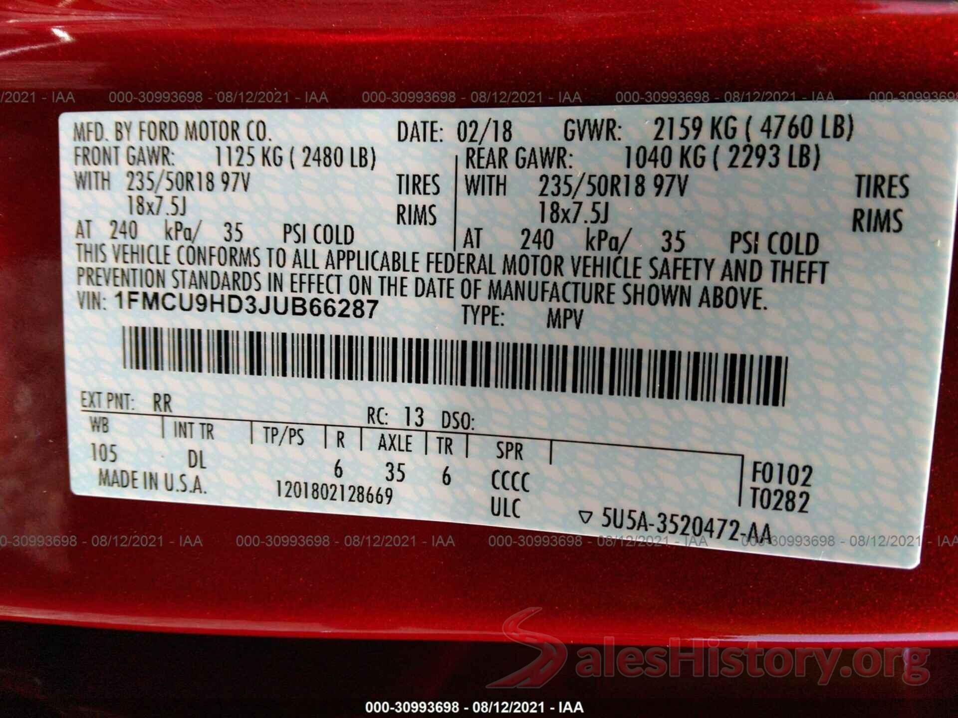 1FMCU9HD3JUB66287 2018 FORD ESCAPE