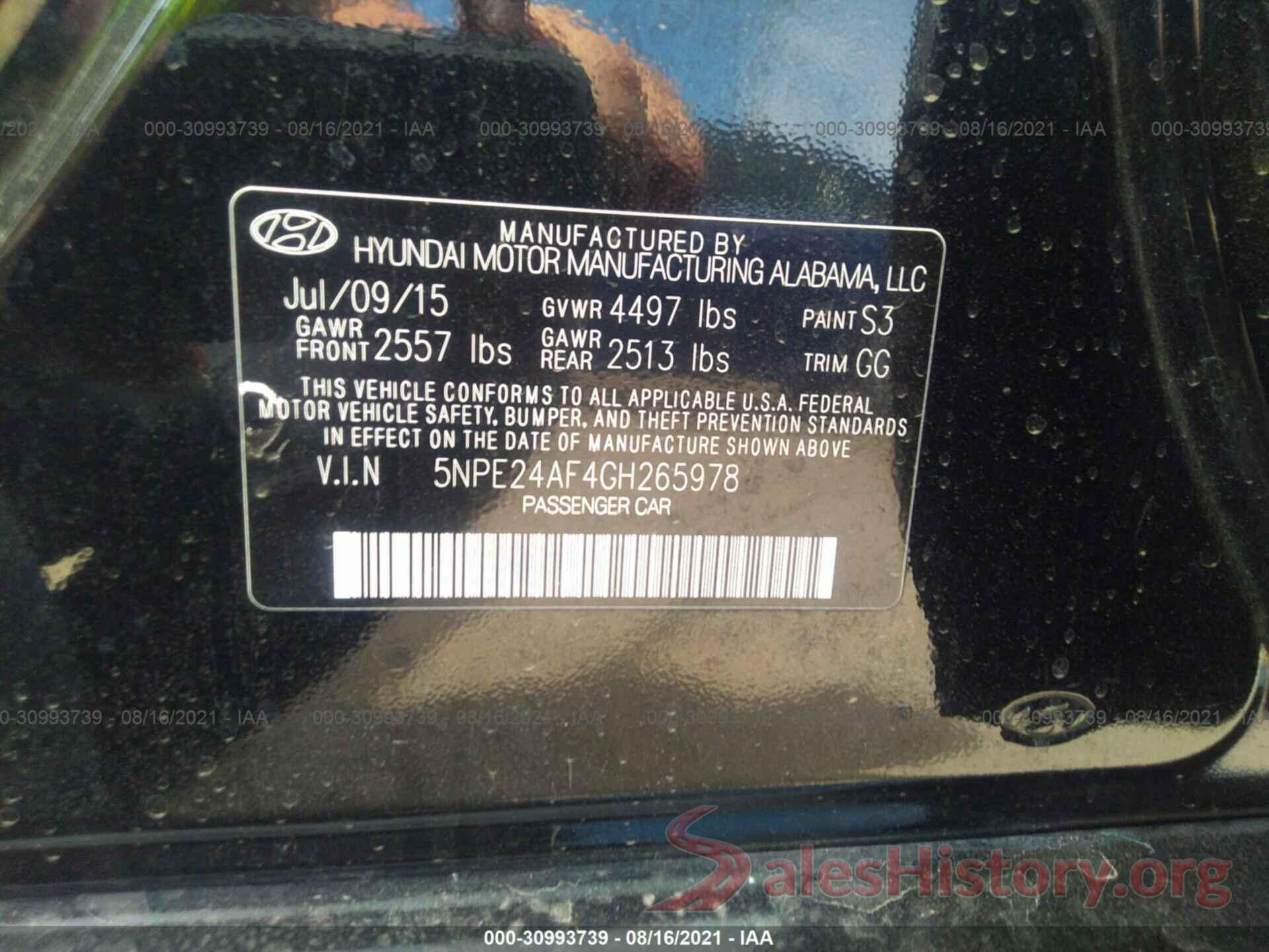 5NPE24AF4GH265978 2016 HYUNDAI SONATA