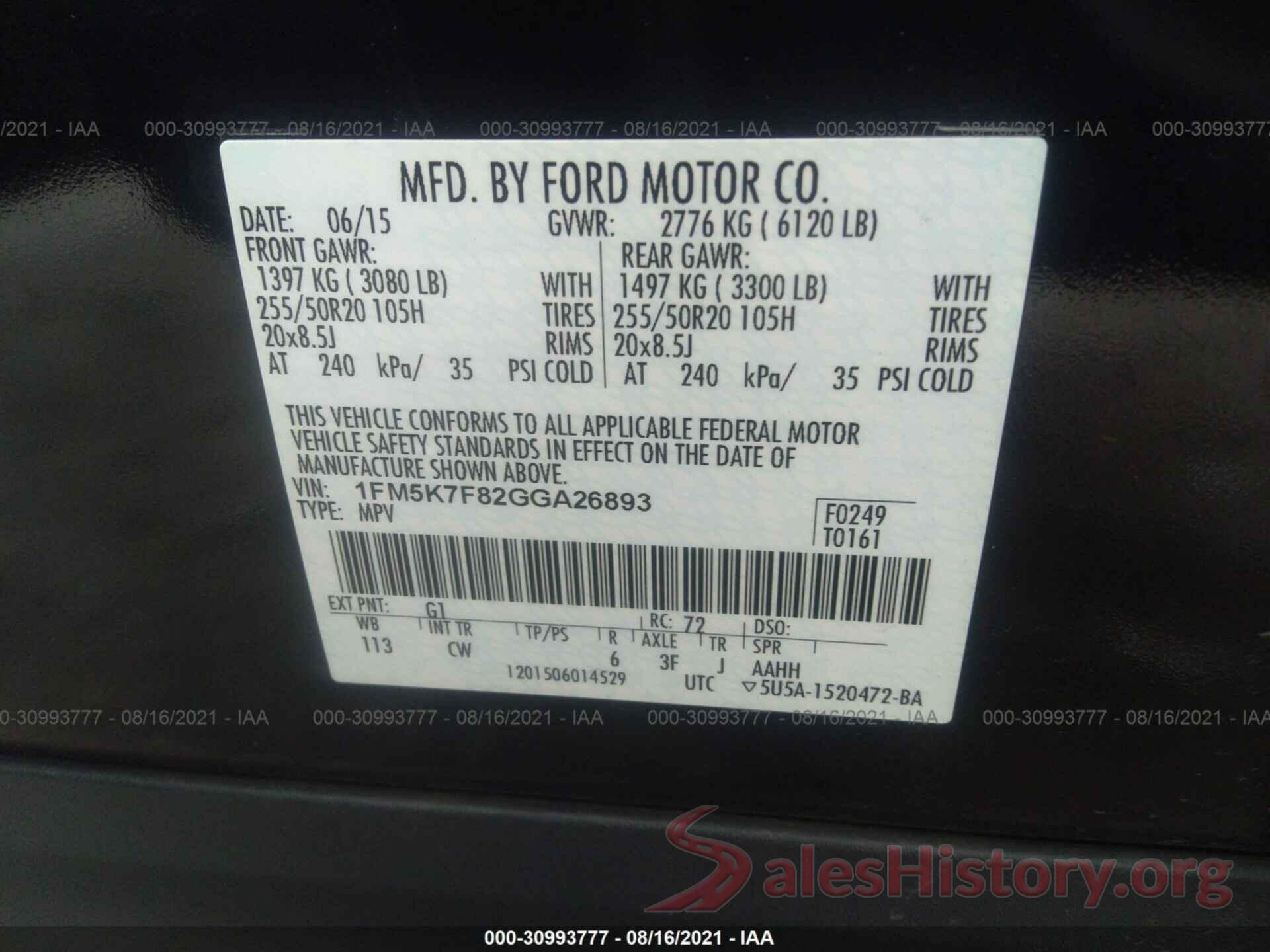 1FM5K7F82GGA26893 2016 FORD EXPLORER