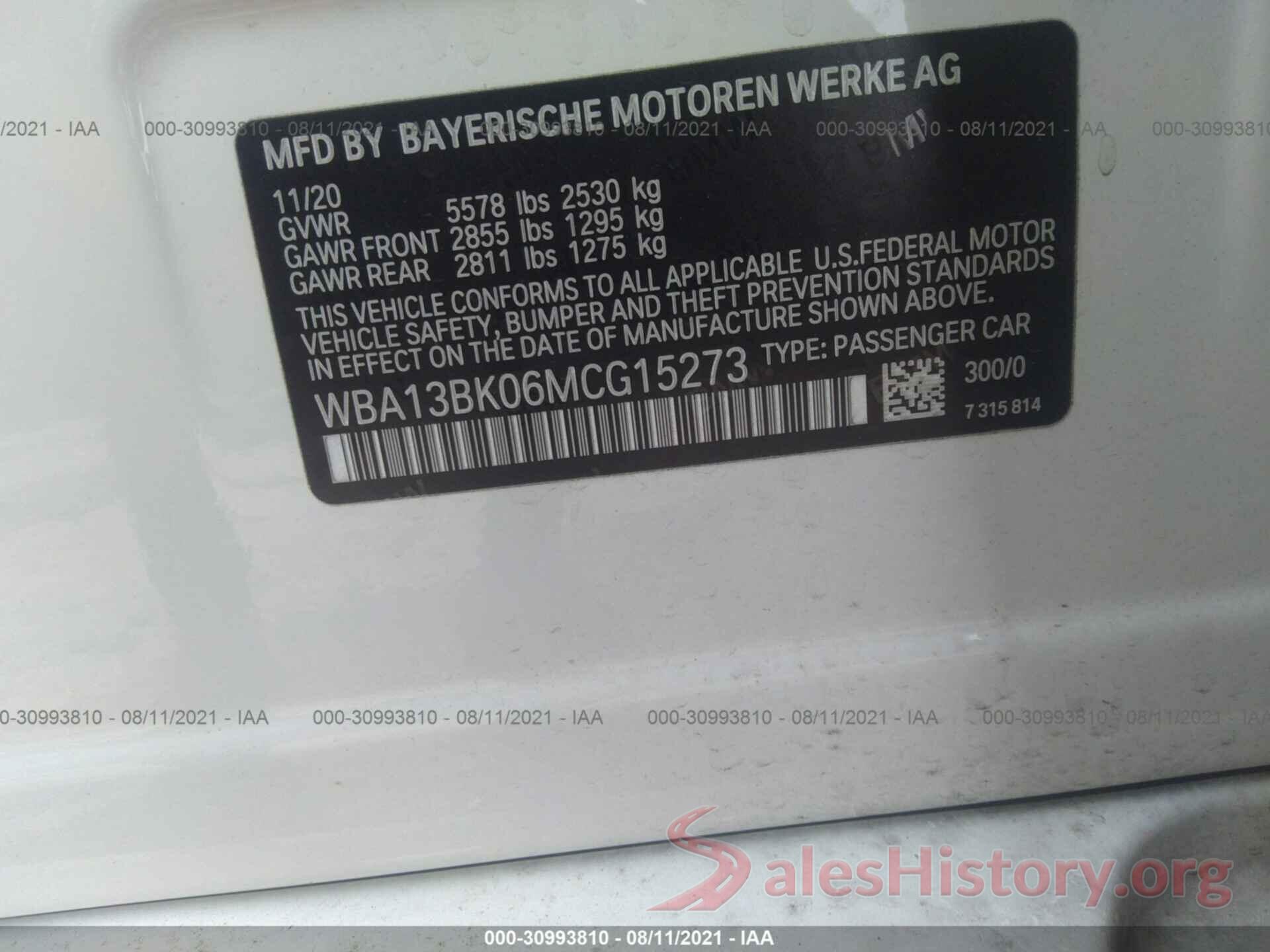 WBA13BK06MCG15273 2021 BMW 5 SERIES