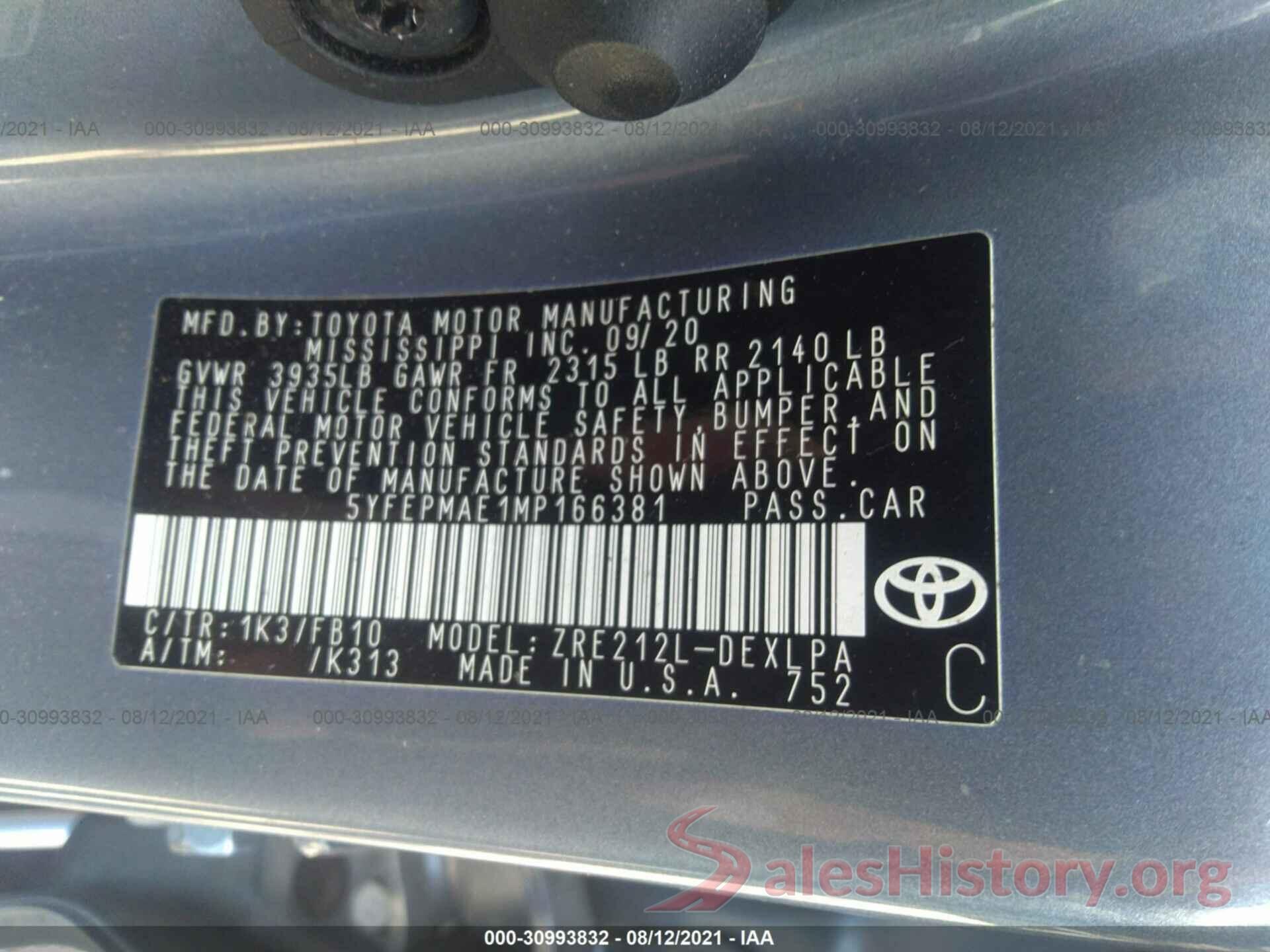 5YFEPMAE1MP166381 2021 TOYOTA COROLLA