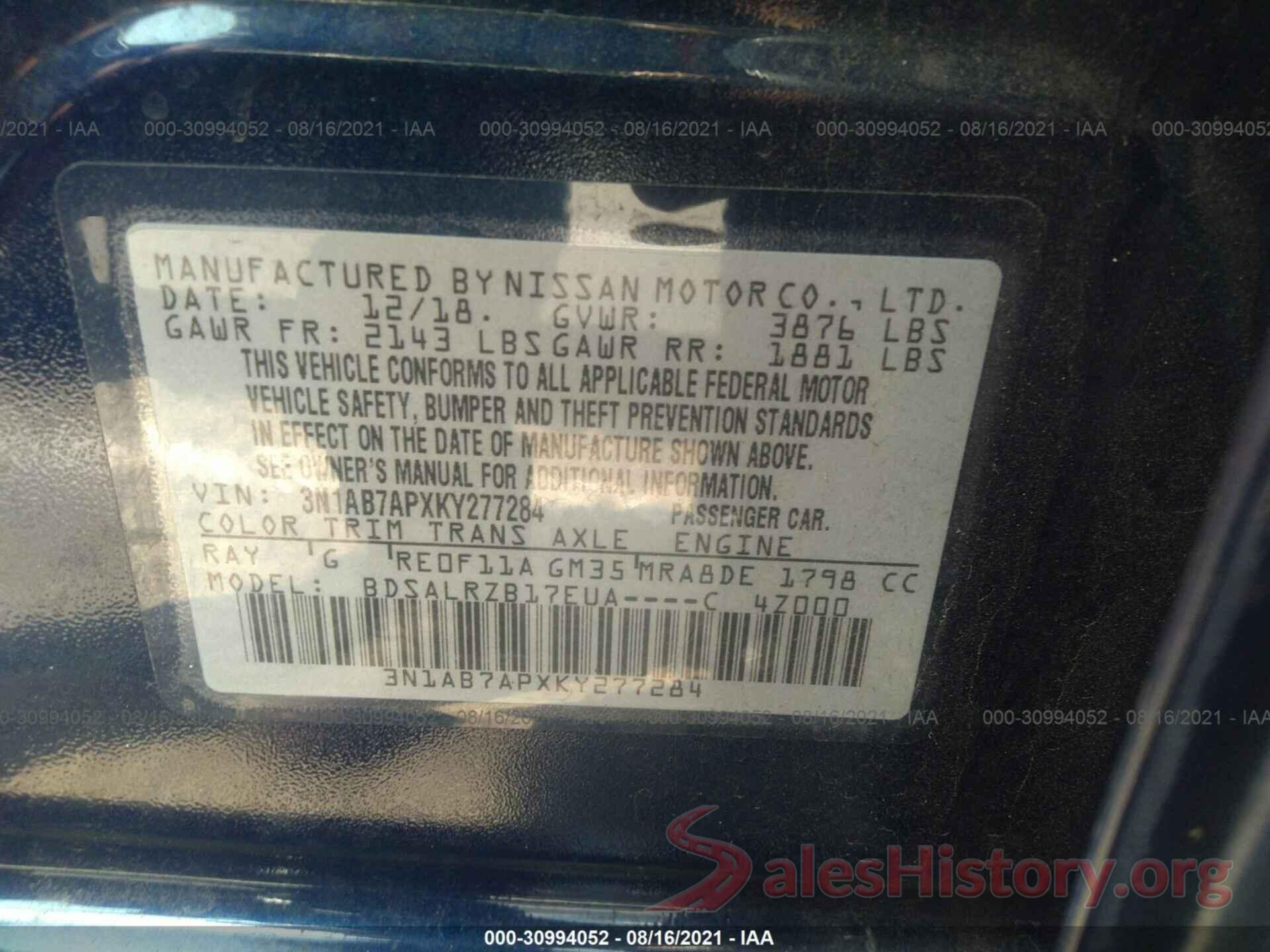 3N1AB7APXKY277284 2019 NISSAN SENTRA