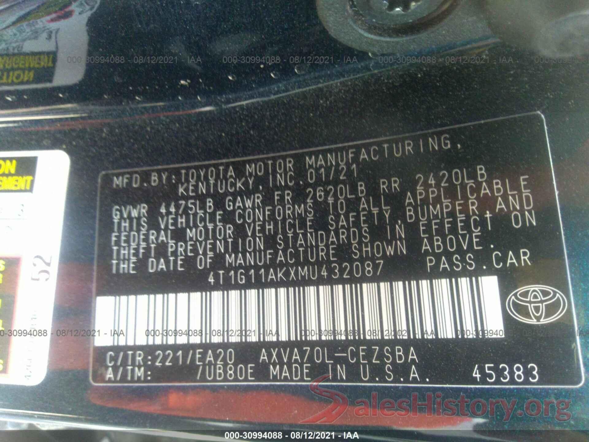 4T1G11AKXMU432087 2021 TOYOTA CAMRY