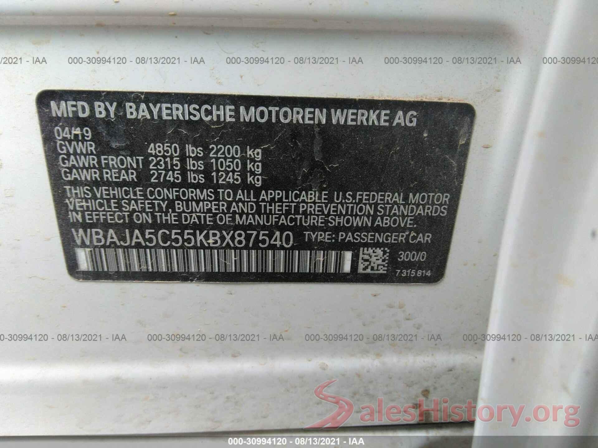 WBAJA5C55KBX87540 2019 BMW 5 SERIES