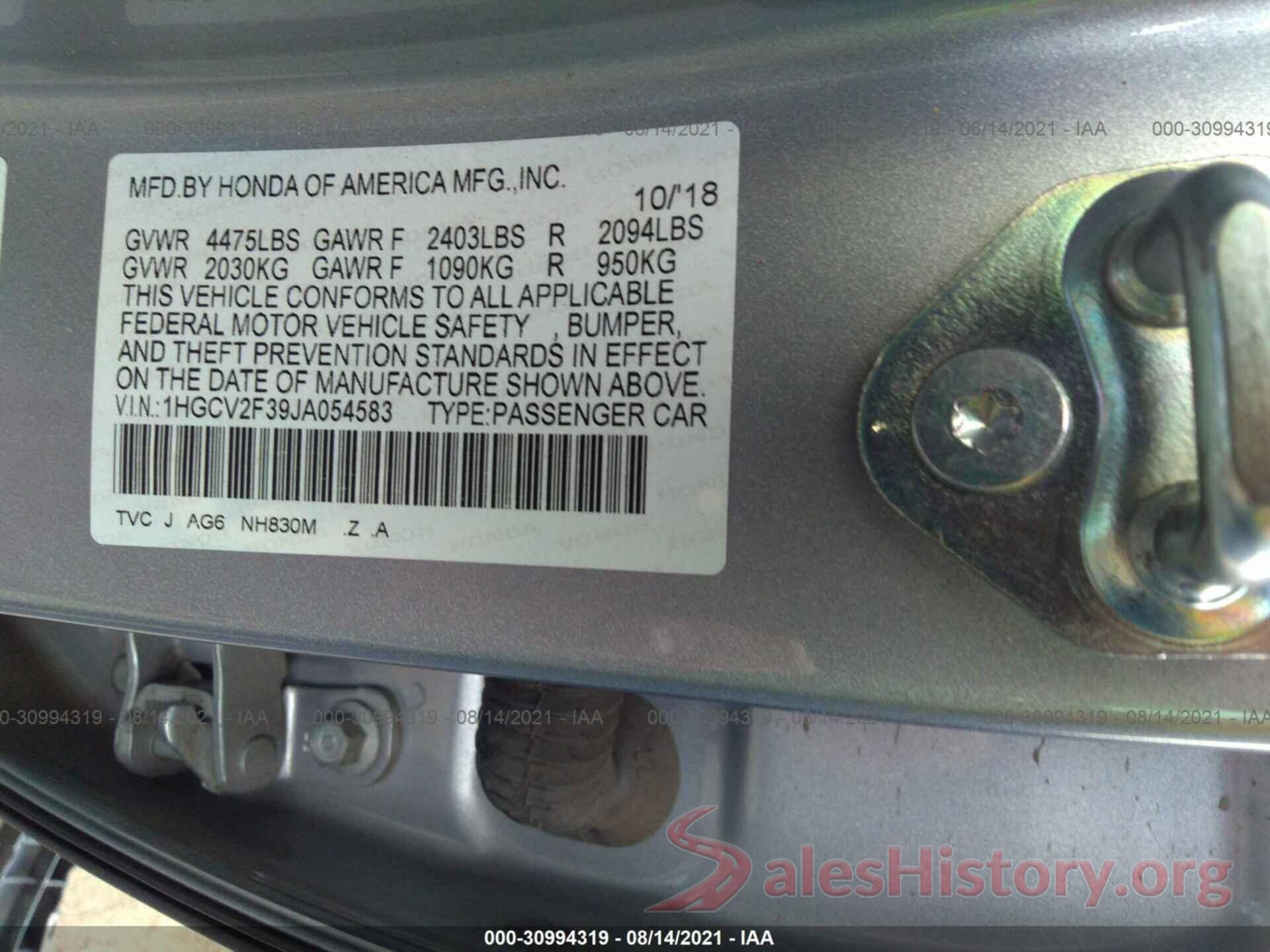 1HGCV2F39JA054583 2018 HONDA ACCORD SEDAN