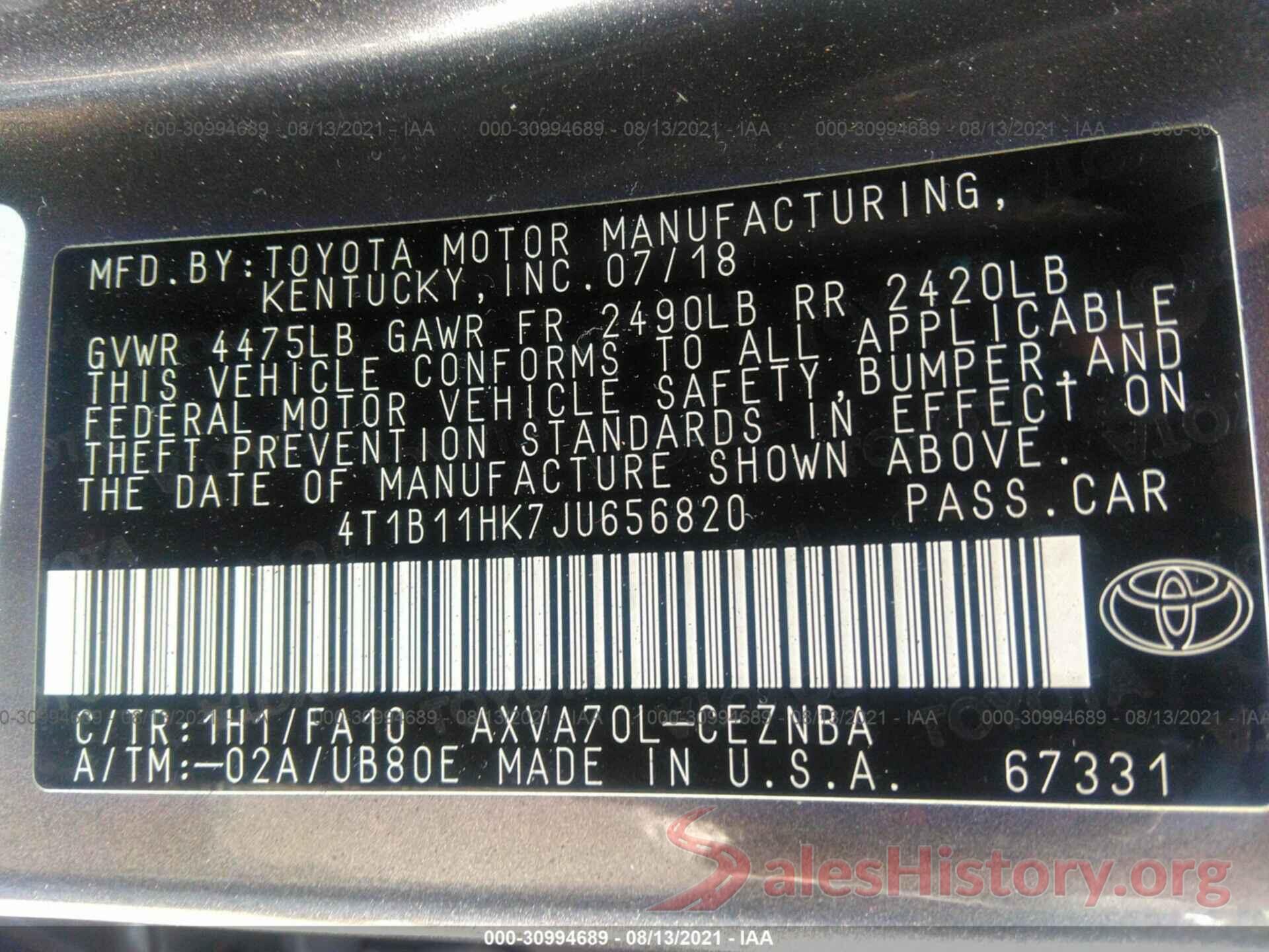 4T1B11HK7JU656820 2018 TOYOTA CAMRY