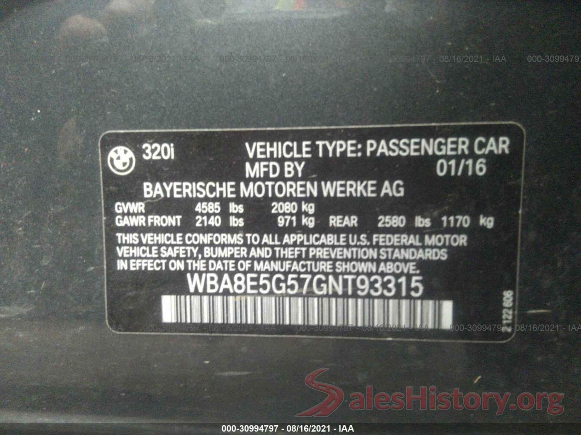 WBA8E5G57GNT93315 2016 BMW 3 SERIES