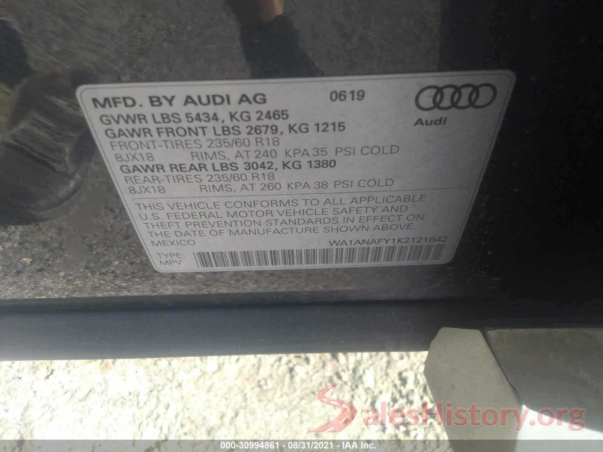 WA1ANAFY1K2121842 2019 AUDI Q5