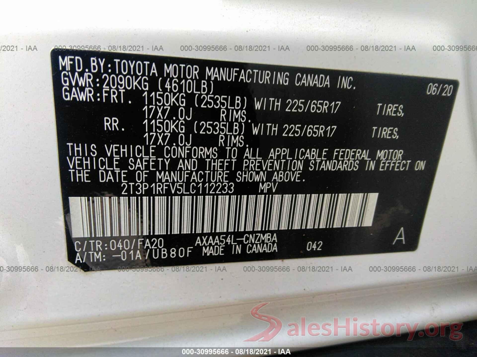 2T3P1RFV5LC112233 2020 TOYOTA RAV4