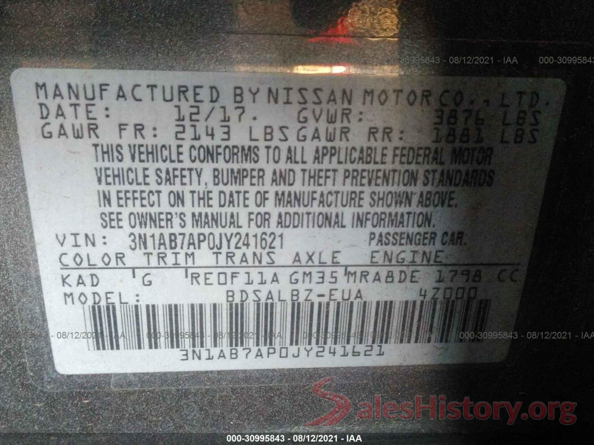 3N1AB7AP0JY241621 2018 NISSAN SENTRA