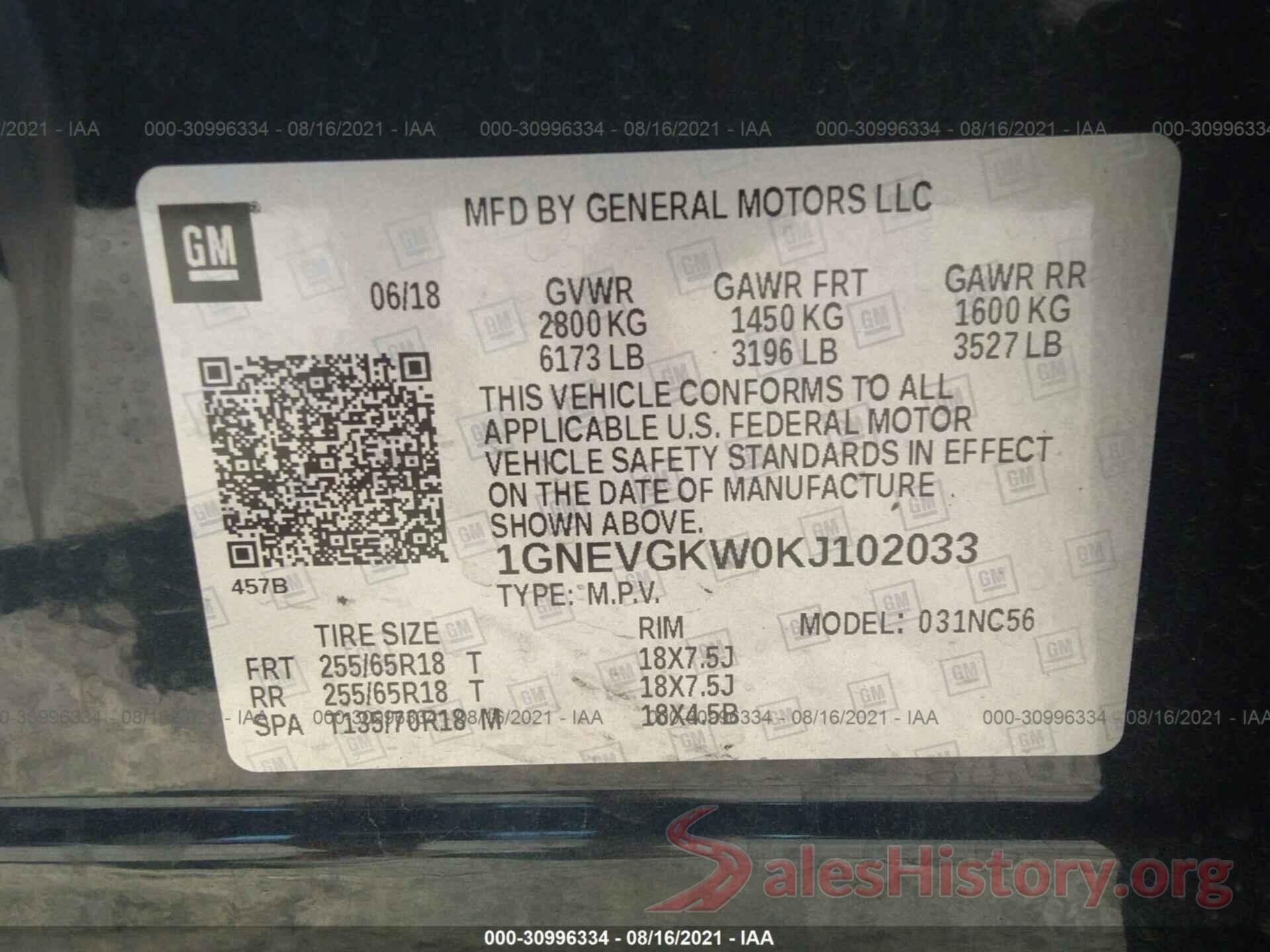 1GNEVGKW0KJ102033 2019 CHEVROLET TRAVERSE