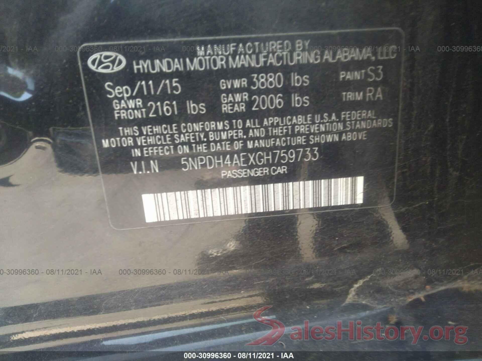 5NPDH4AEXGH759733 2016 HYUNDAI ELANTRA