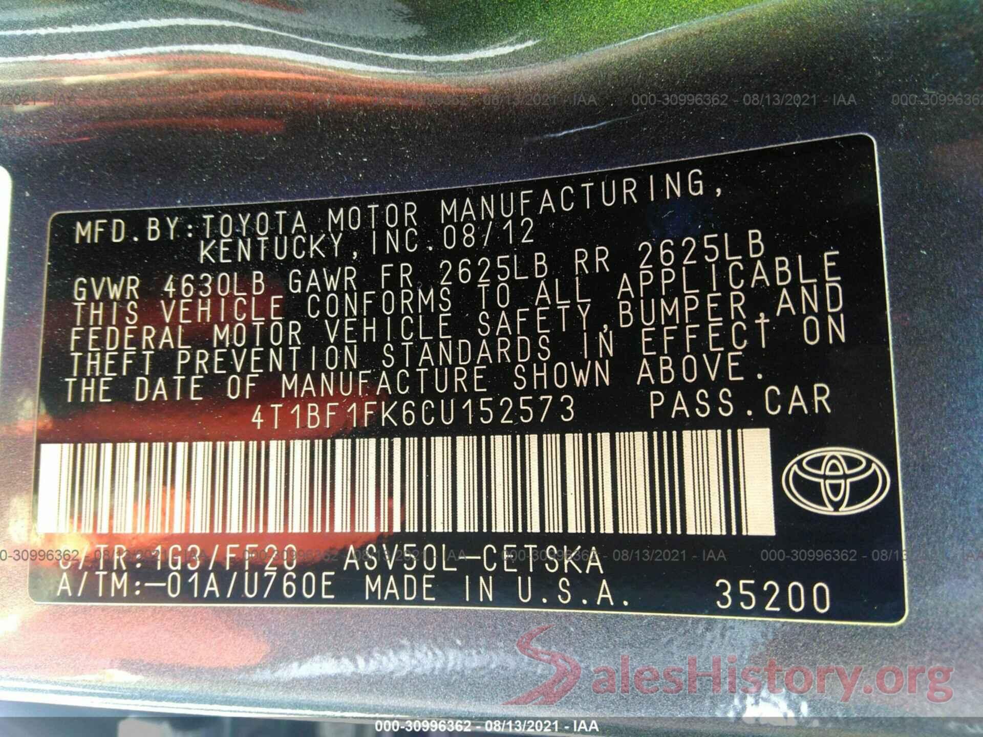 4T1BF1FK6CU152573 2012 TOYOTA CAMRY