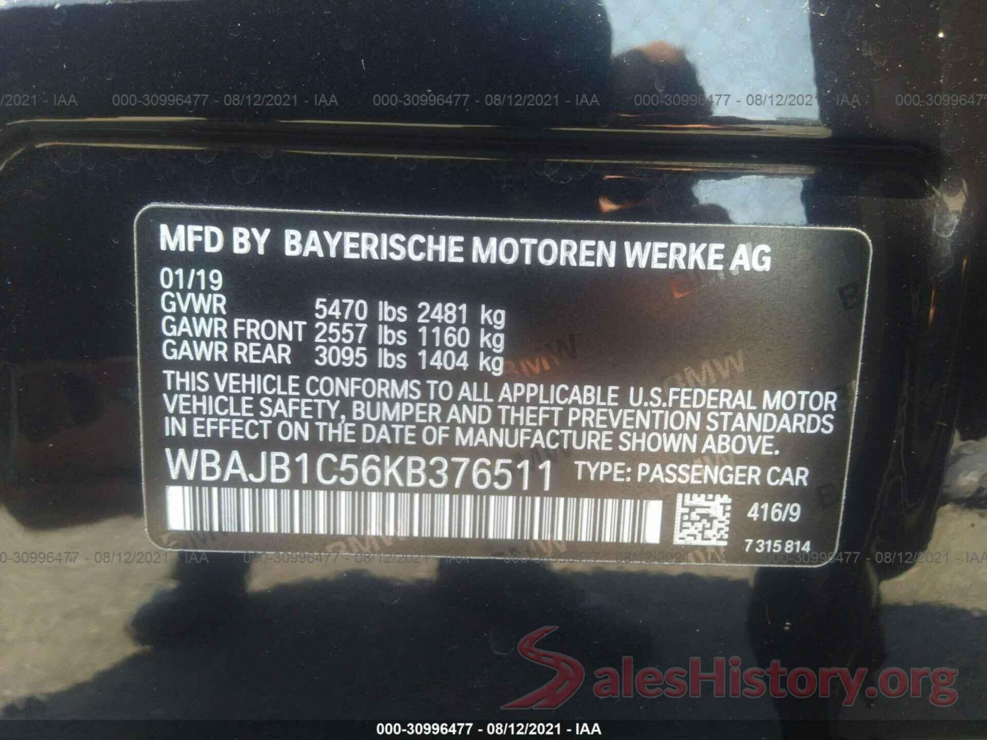 WBAJB1C56KB376511 2019 BMW 5 SERIES