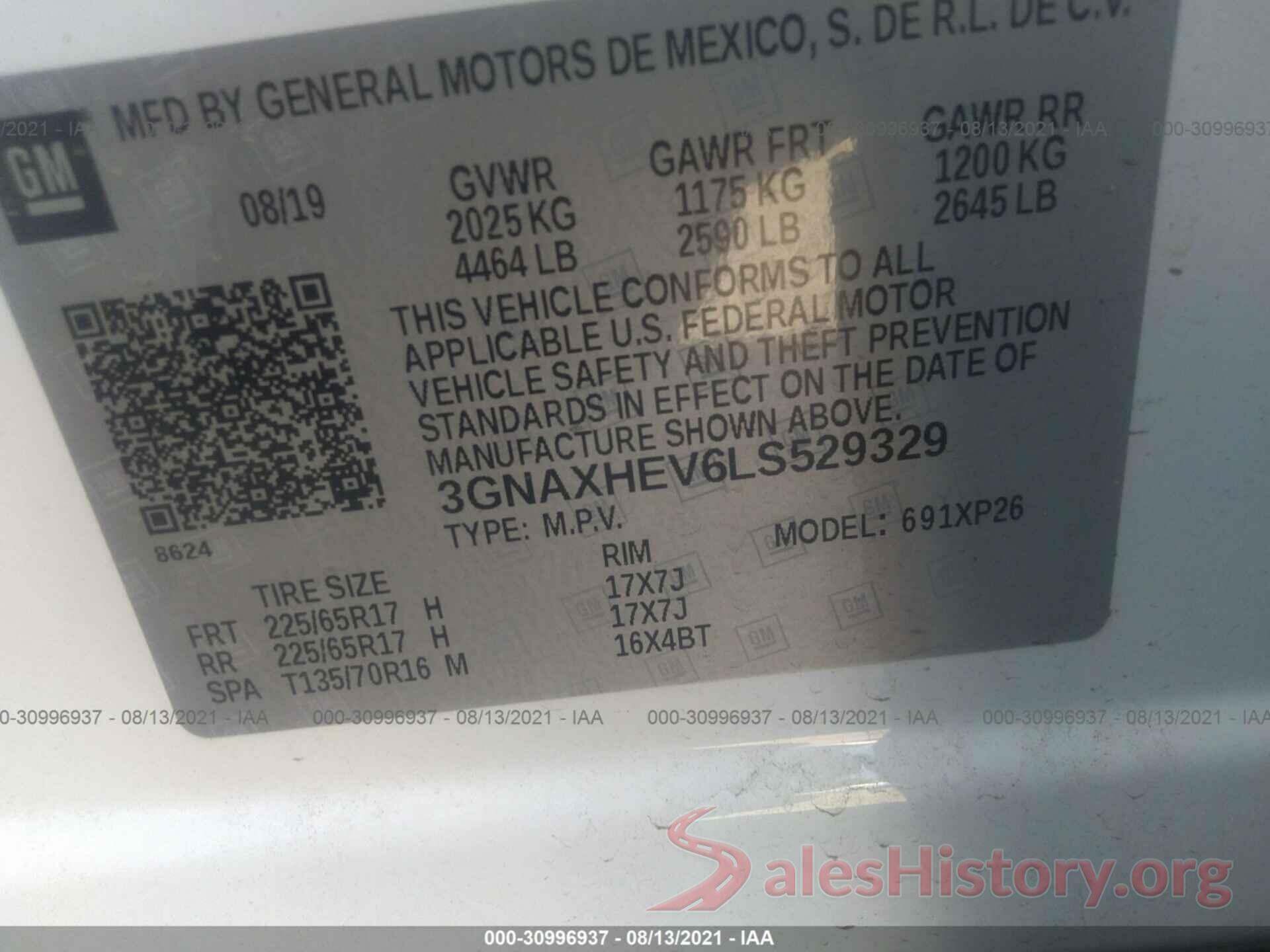 3GNAXHEV6LS529329 2020 CHEVROLET EQUINOX