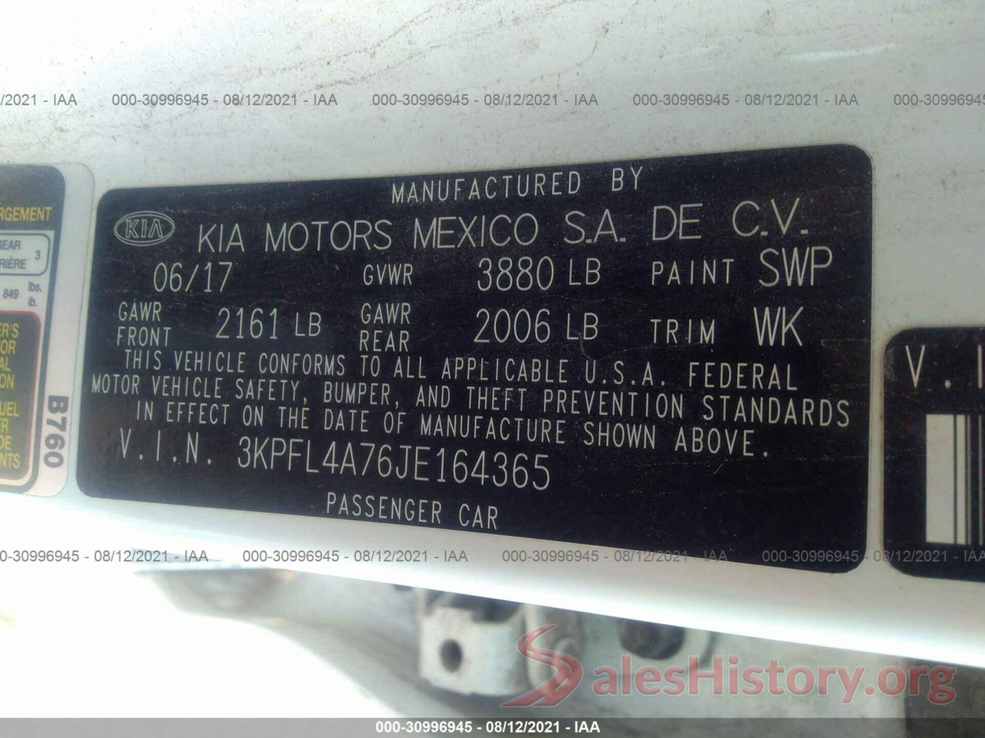 3KPFL4A76JE164365 2018 KIA FORTE