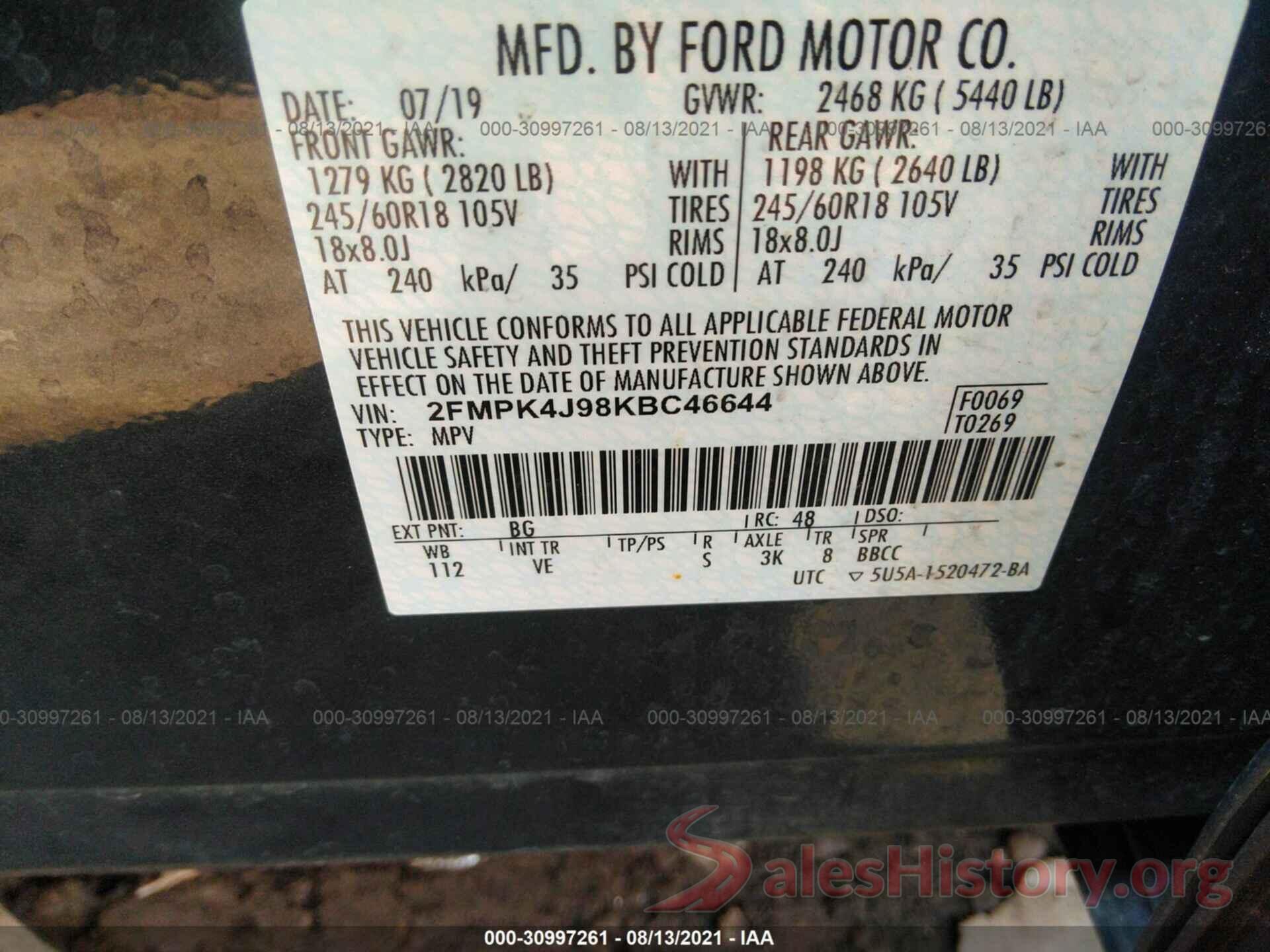 2FMPK4J98KBC46644 2019 FORD EDGE