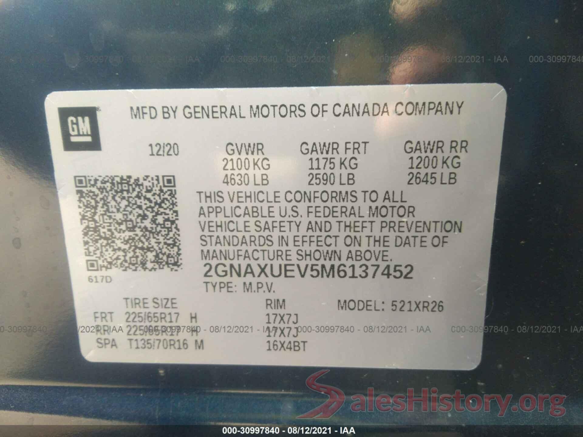 2GNAXUEV5M6137452 2021 CHEVROLET EQUINOX