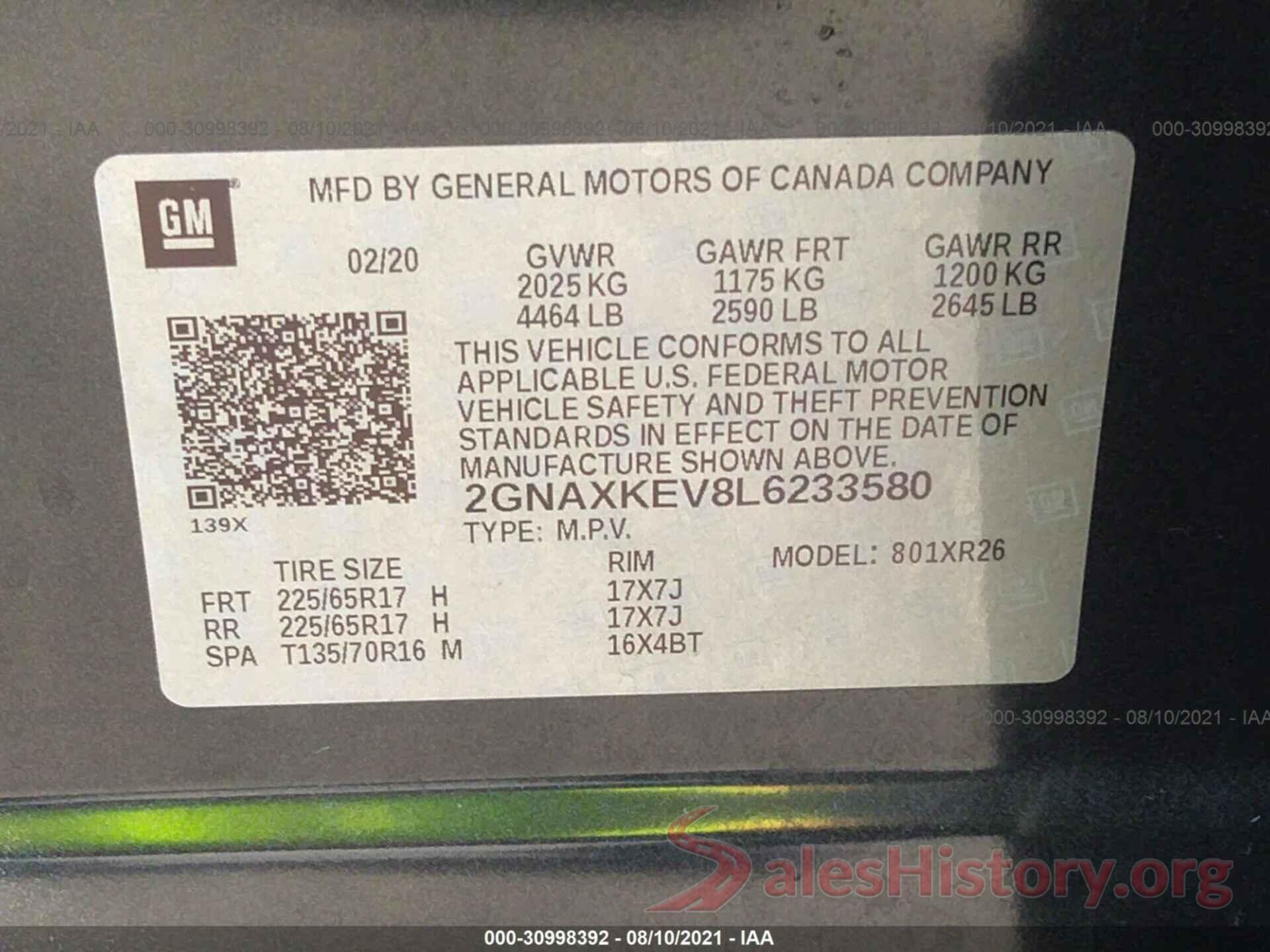 2GNAXKEV8L6233580 2020 CHEVROLET EQUINOX