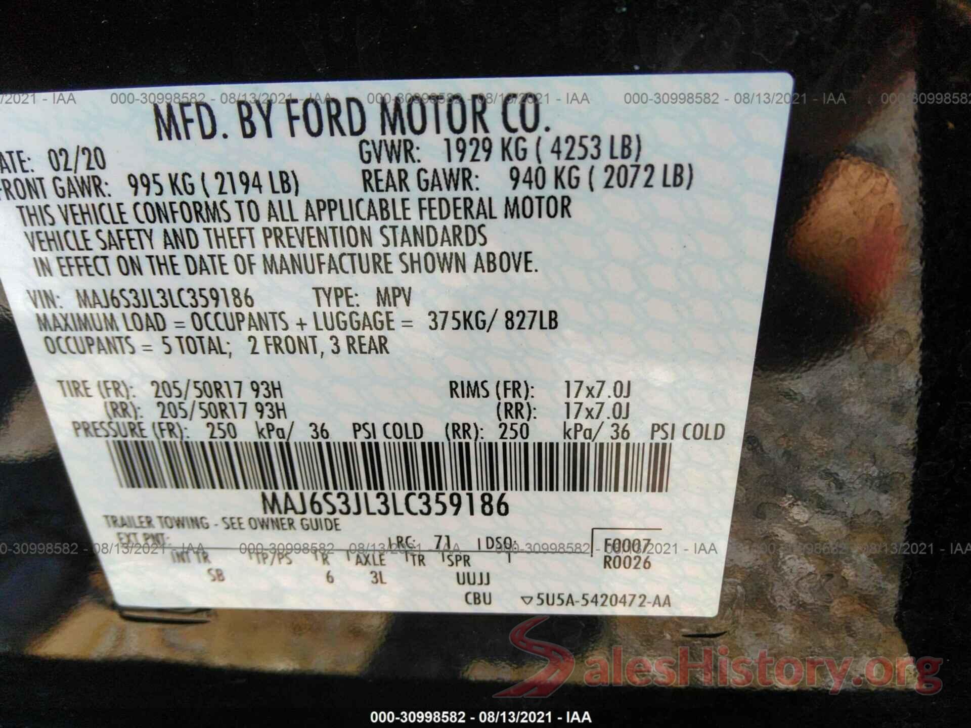 MAJ6S3JL3LC359186 2020 FORD ECOSPORT