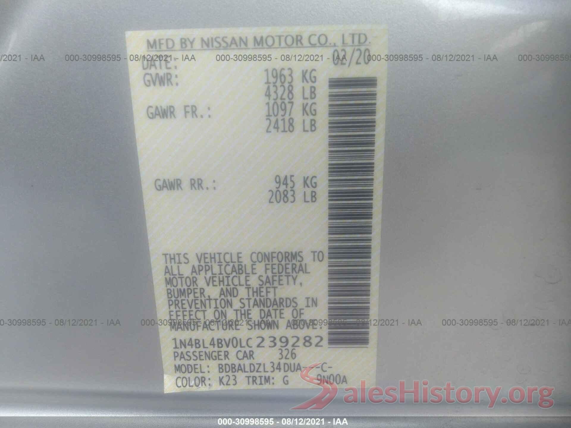 1N4BL4BV0LC239282 2020 NISSAN ALTIMA