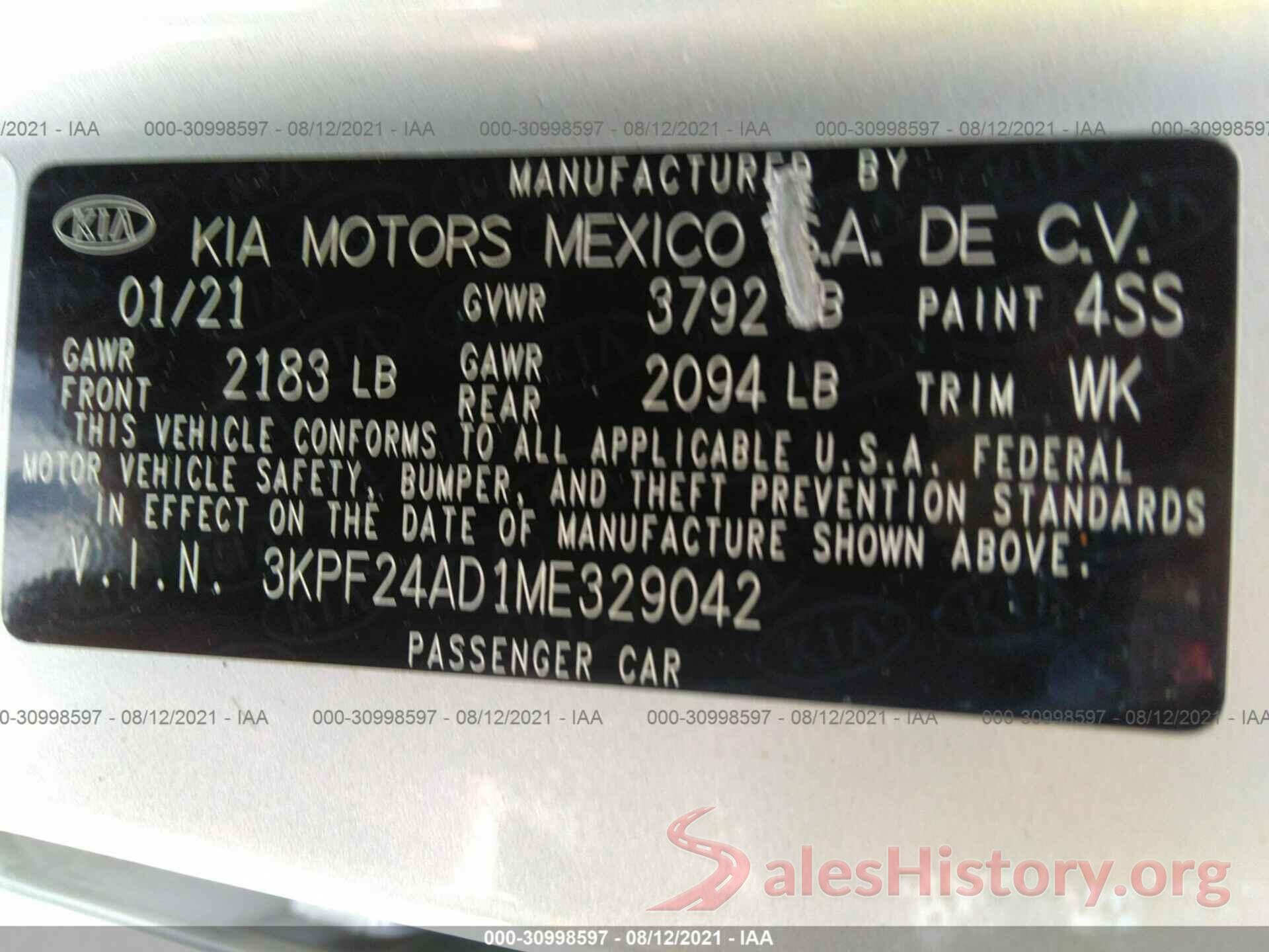 3KPF24AD1ME329042 2021 KIA FORTE