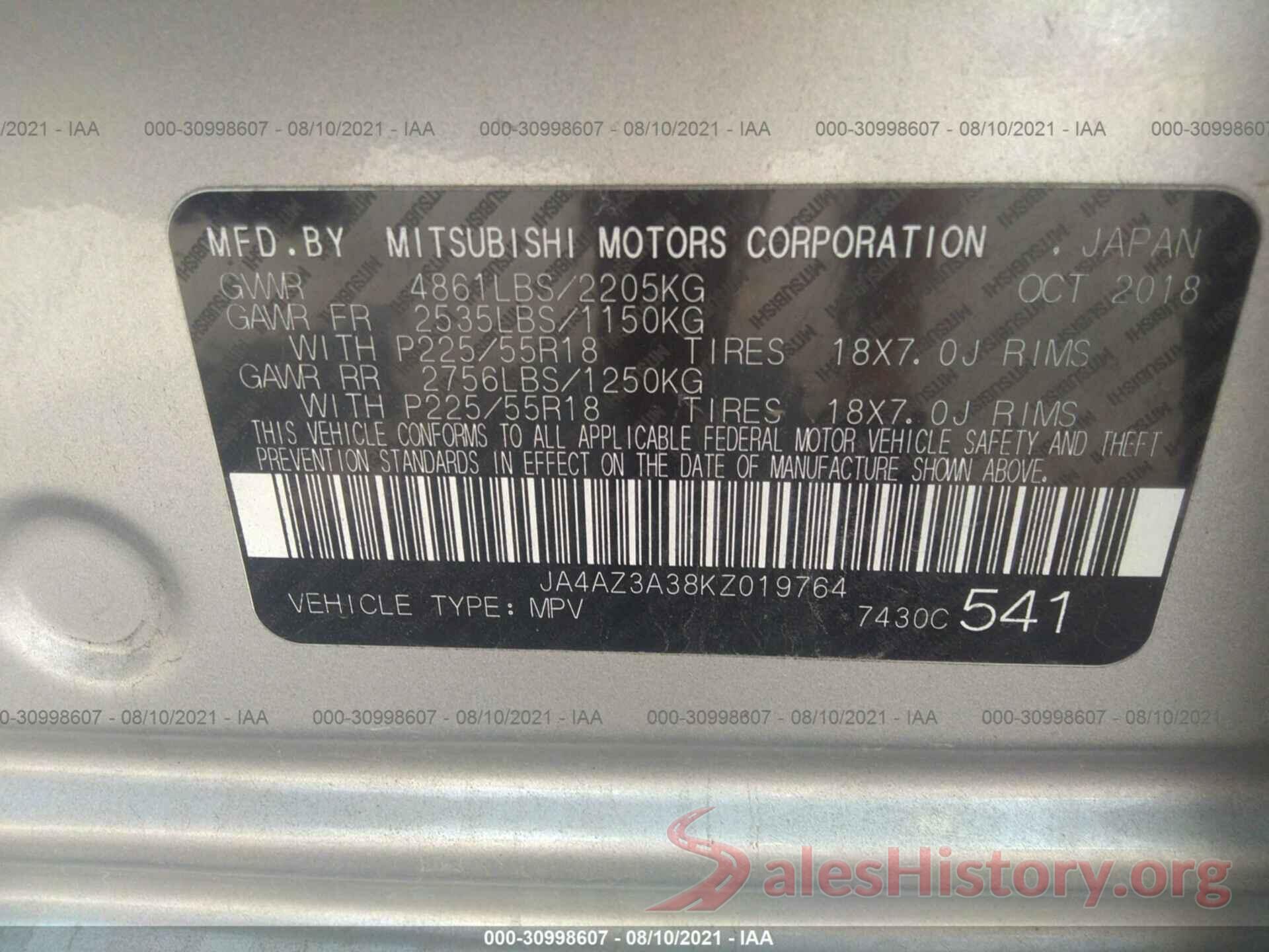 JA4AZ3A38KZ019764 2019 MITSUBISHI OUTLANDER